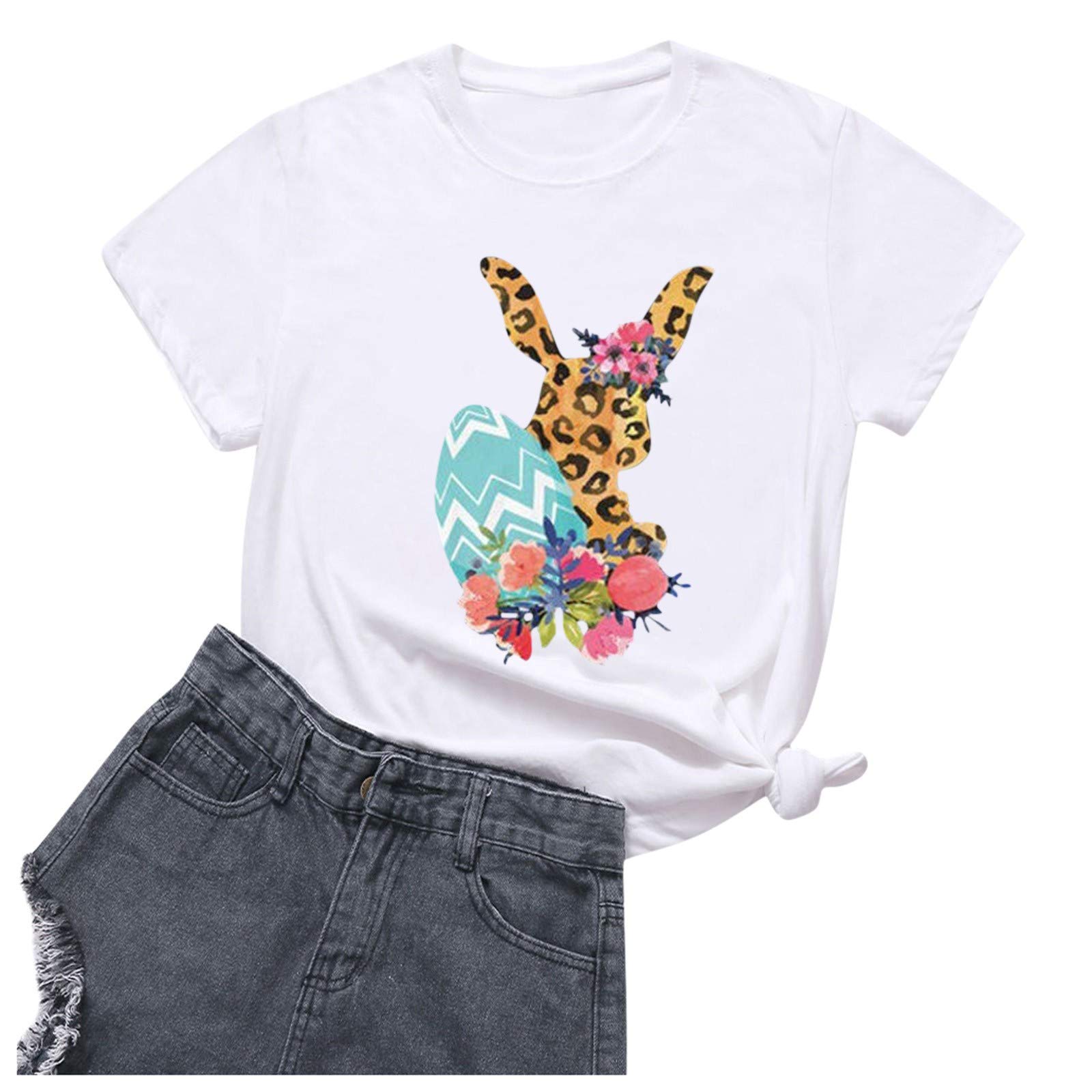 Women's Cute Cartoon Print Slim Fit O-Neck Casual T-Shirt - White, Small | Perfect for Easter, Spring Outfits & Everyday Wear