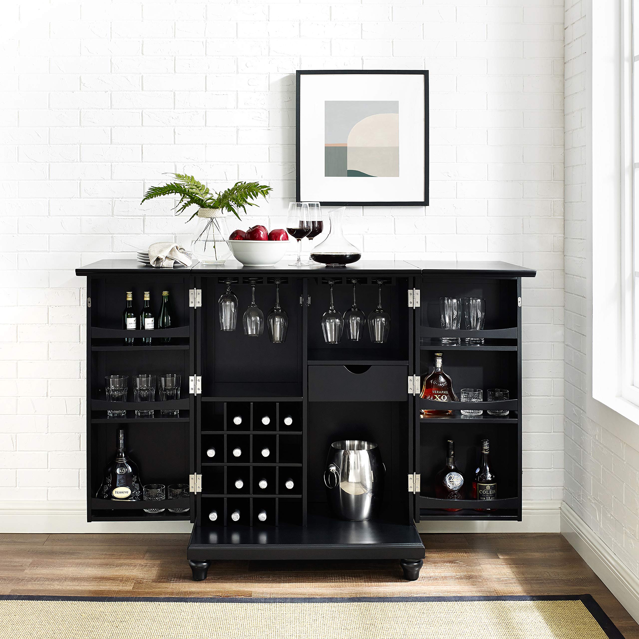 Crosley Cambridge Expandable Bar Cabinet with Storage Shelves, Drawer & Wine Rack - Black | Home Bar Furniture for Living Room, Dining Room & Entertaining