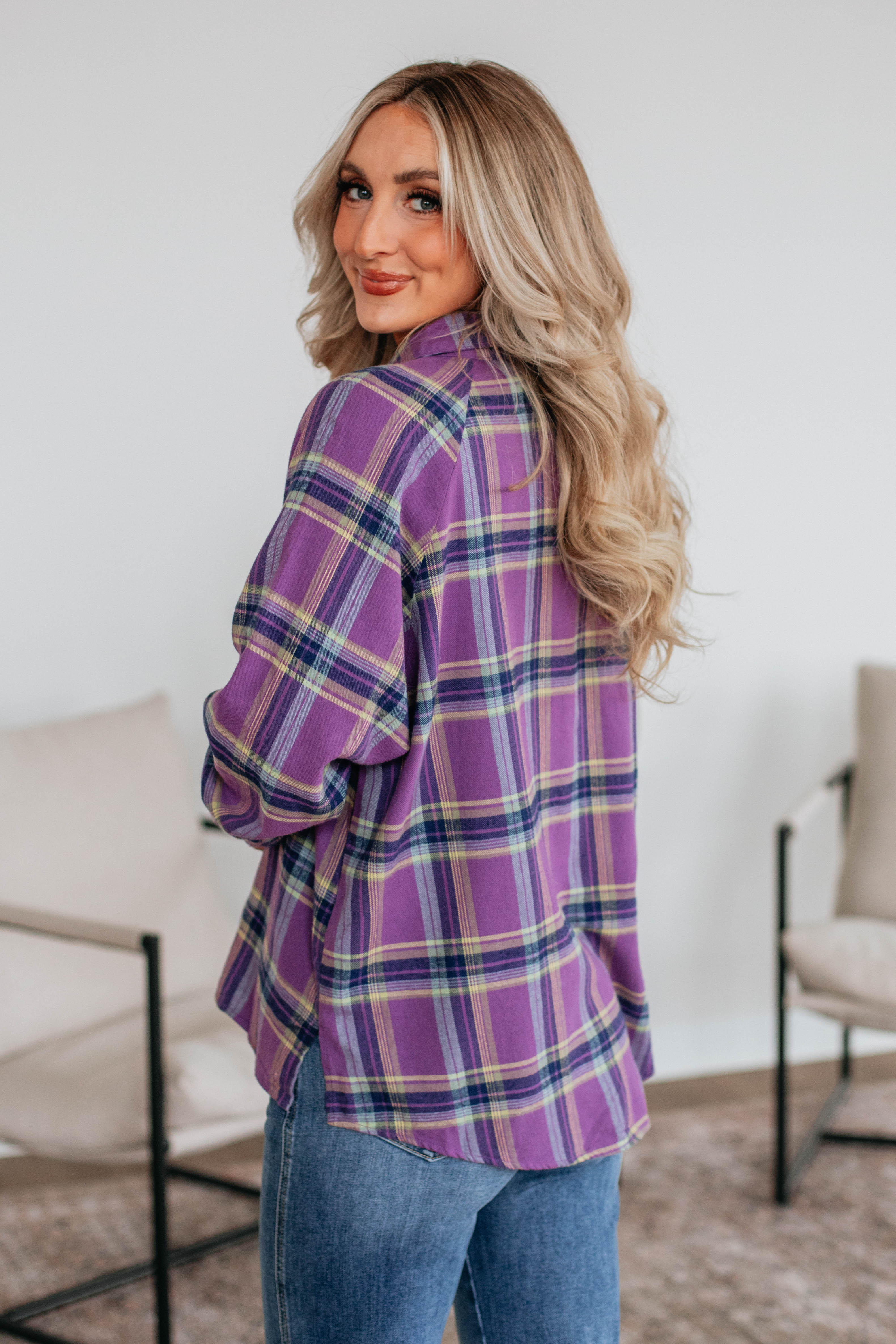 Jema Women's Flannel Shirt Top - Soft Violet Mix Plaid Long Sleeve Button Down for Fall & Winter | Casual Outfit, Layering, Outdoor Activities