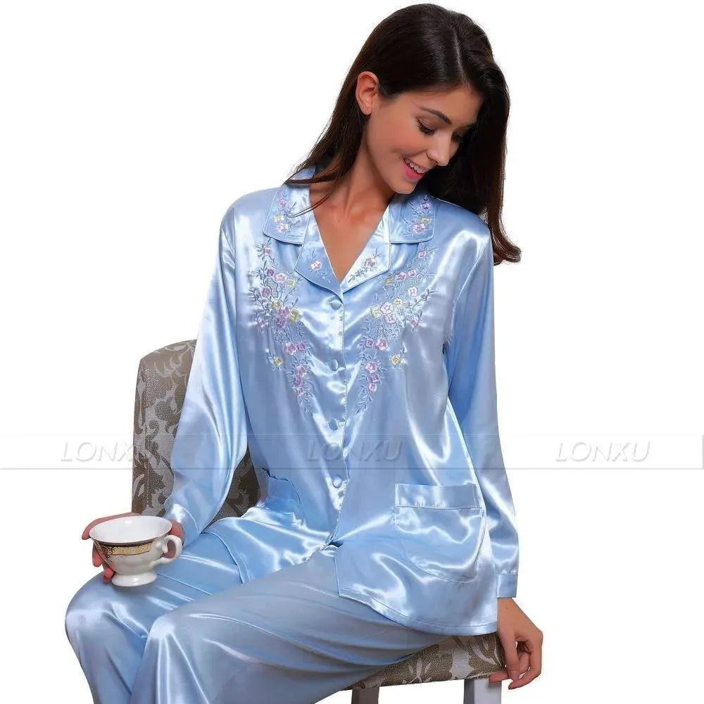 Luxury Women's Silk Pajama Set - Embroidered Elegant Sleepwear for Women - Perfect for Nighttime Comfort, Bridal Shower Gifts & Relaxing at Home