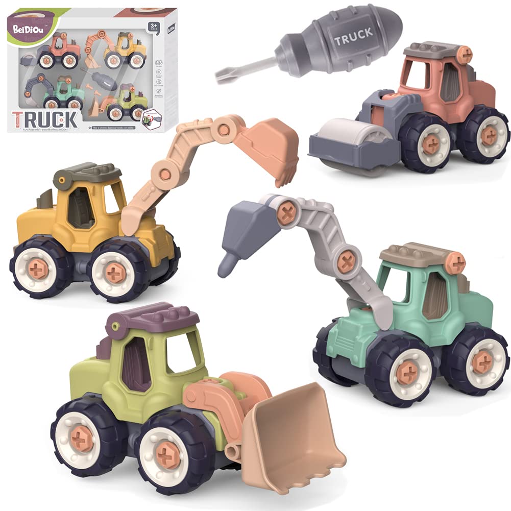 YLTTZH STEM Building Toys for Kids Ages 4-8 - Take Apart Construction Trucks & Excavator Playset, Educational Sandbox Vehicles for Boys & Girls - Perfect for Birthday, Christmas Gifts & Outdoor Sand Play (Morandi)