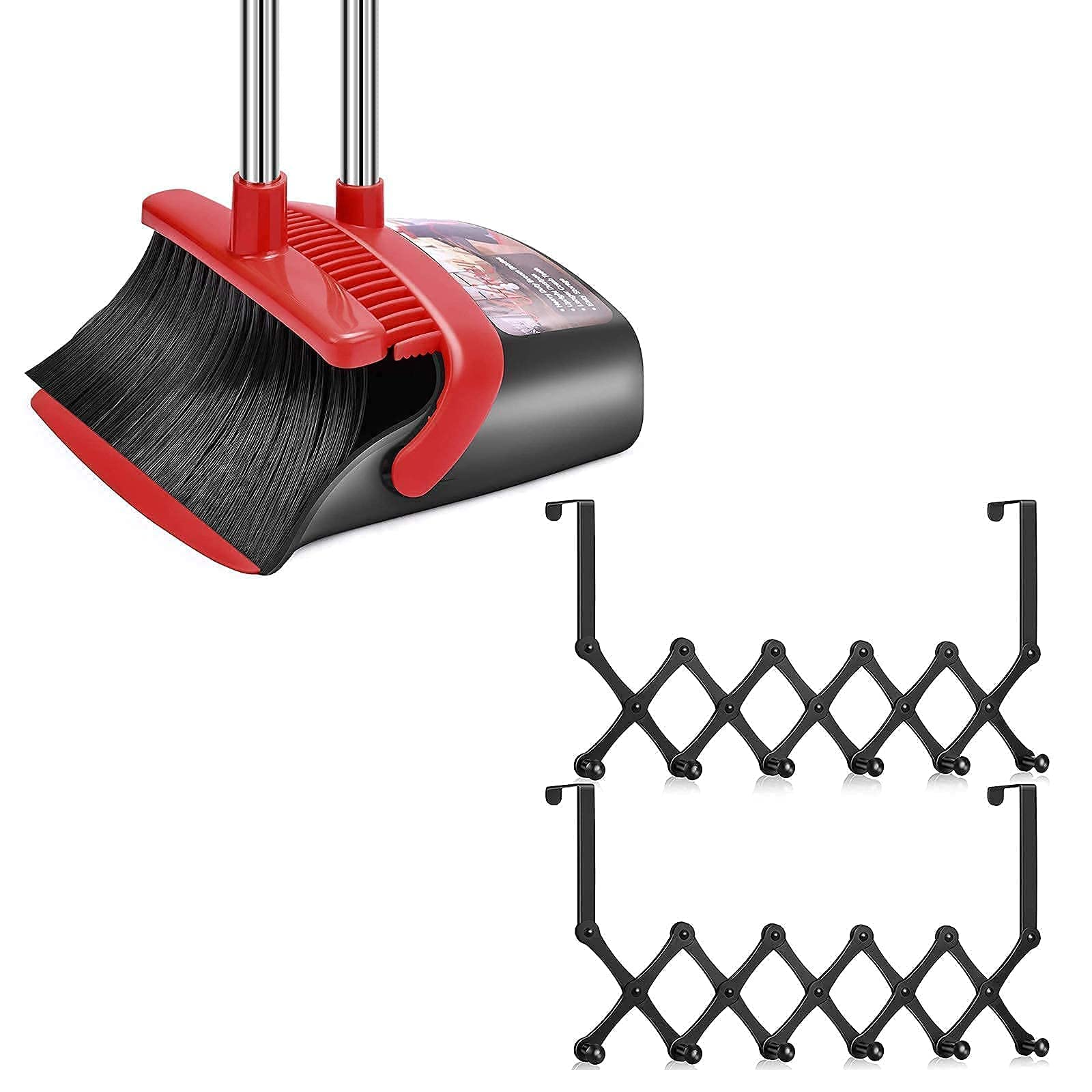 **2-Pack Adjustable Broom and Dustpan Set with Teeth - Over Door Hooks for Home, Kitchen, Lobby - Perfect for Bathroom, Bedroom & Living Room Cleaning**    *(Ideal for quick floor cleanup, pet hair removal, and organizing cleaning tools behind doors!)*