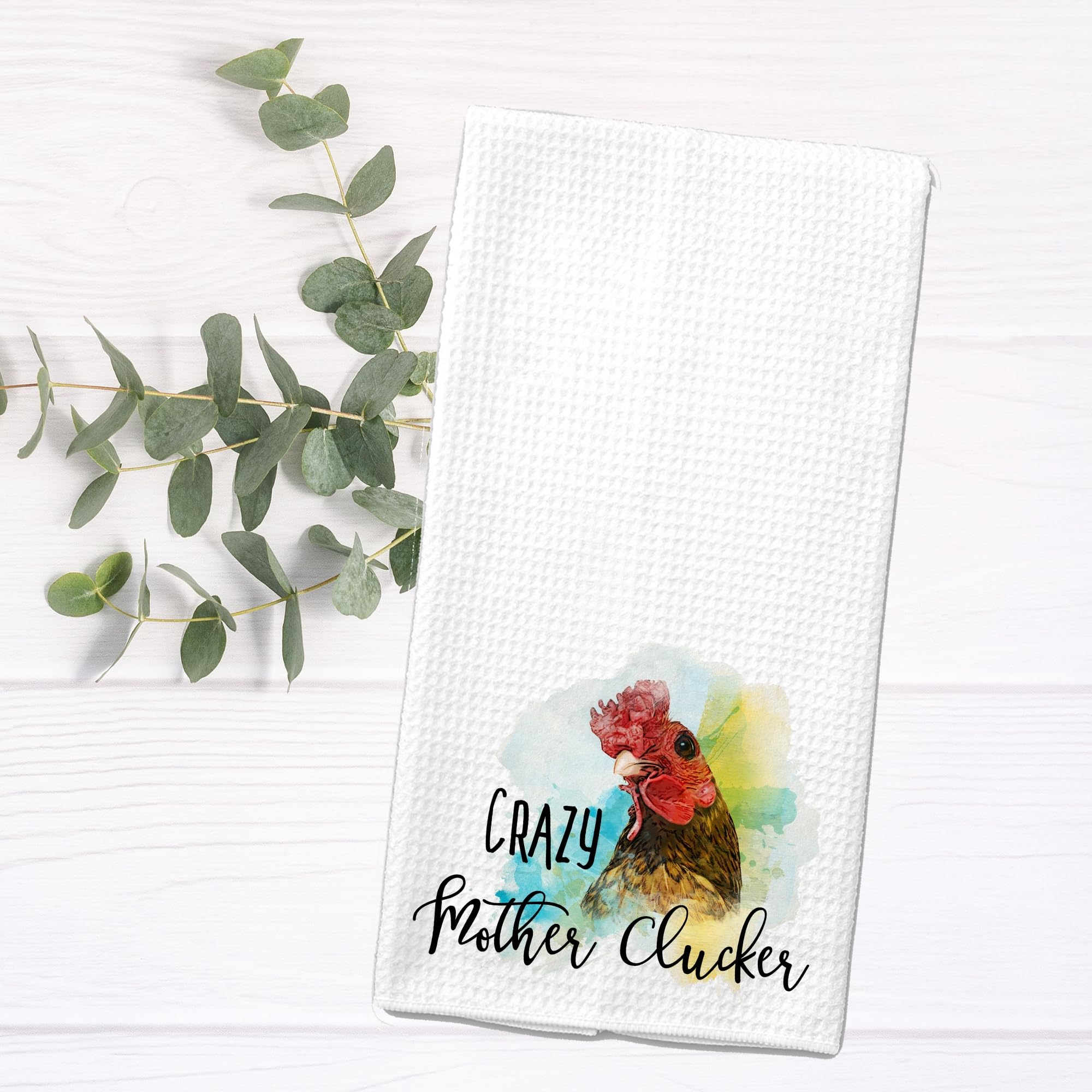 Funny Crazy Mother Clucker Rooster Chicken Design Farmhouse Kitchen Towel - Microfiber Waffle Weave Dish Towels for Drying Dishes - Perfect Farm Rustic Gift for Friends & Country Home Decor