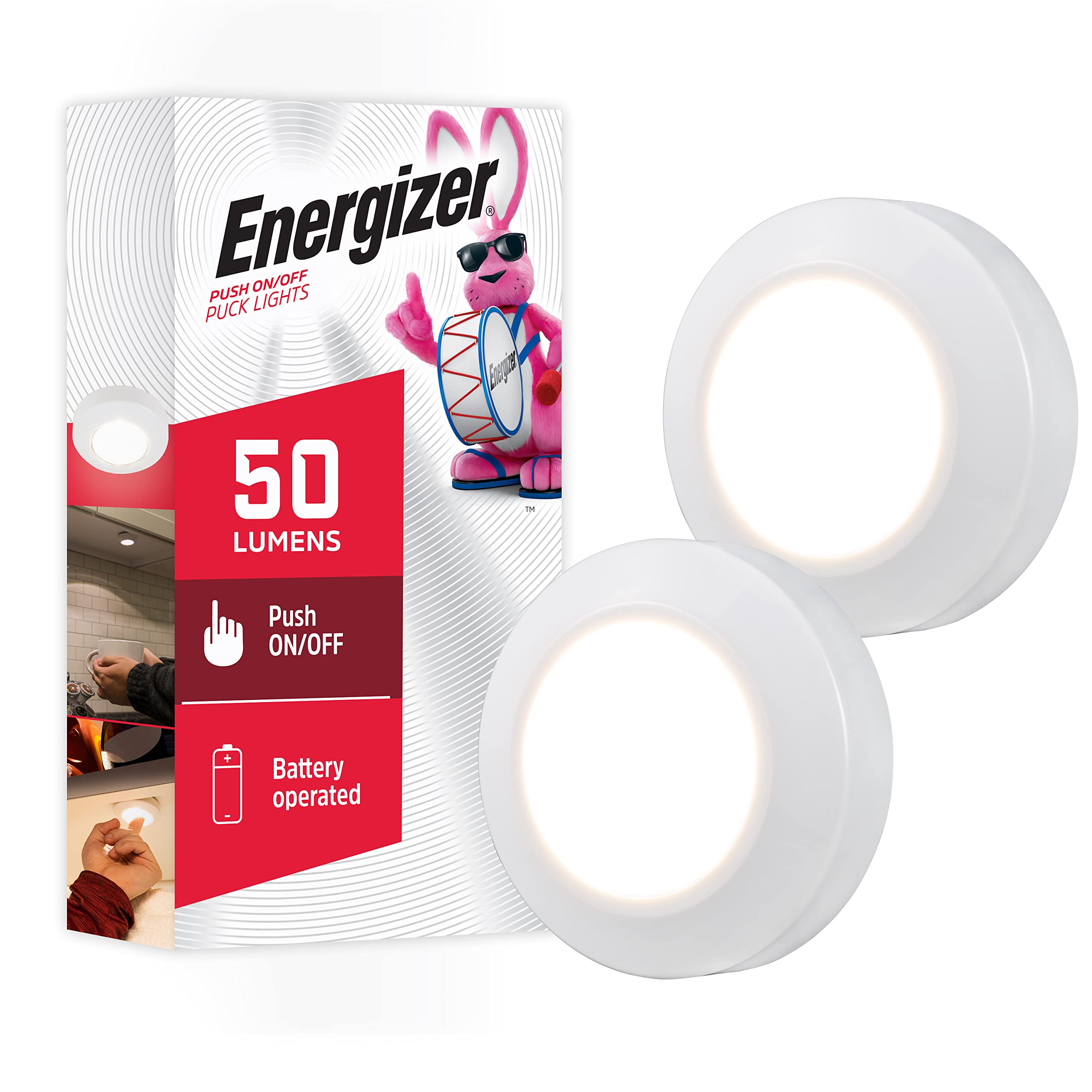 Energizer LED Puck Lights 2 Pack - Battery Operated Wireless Push Lights, 50 Lumens Tap Light with Adhesive Backing - Perfect for Under Cabinet Lighting, Closet Organizer, Pantry, Stairs, Garage & Emergency Use (White, Model 46009)