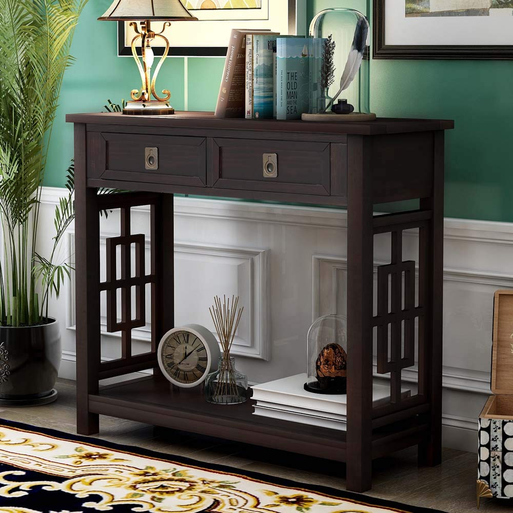 **MYTUNES Console Table with 2 Drawers & Bottom Shelf - Modern Entryway Sofa Table for Hallway, Living Room - Espresso Finish for Stylish Home Decor**