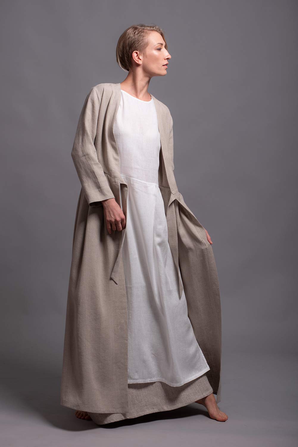 HANK Women's Maxi Linen Coat Dress with Long Sleeves, Belt & Pockets - Custom Made in 31 Colors - Elegant Office Wear & Spring Outerwear
