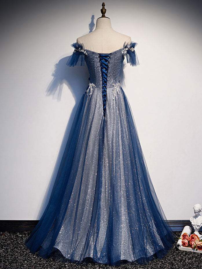 Elegant Blue Tulle Lace Long Prom Dress & Bridesmaid Gown - Formal Evening Gowns for Homecoming, Wedding Party, and Special Occasions