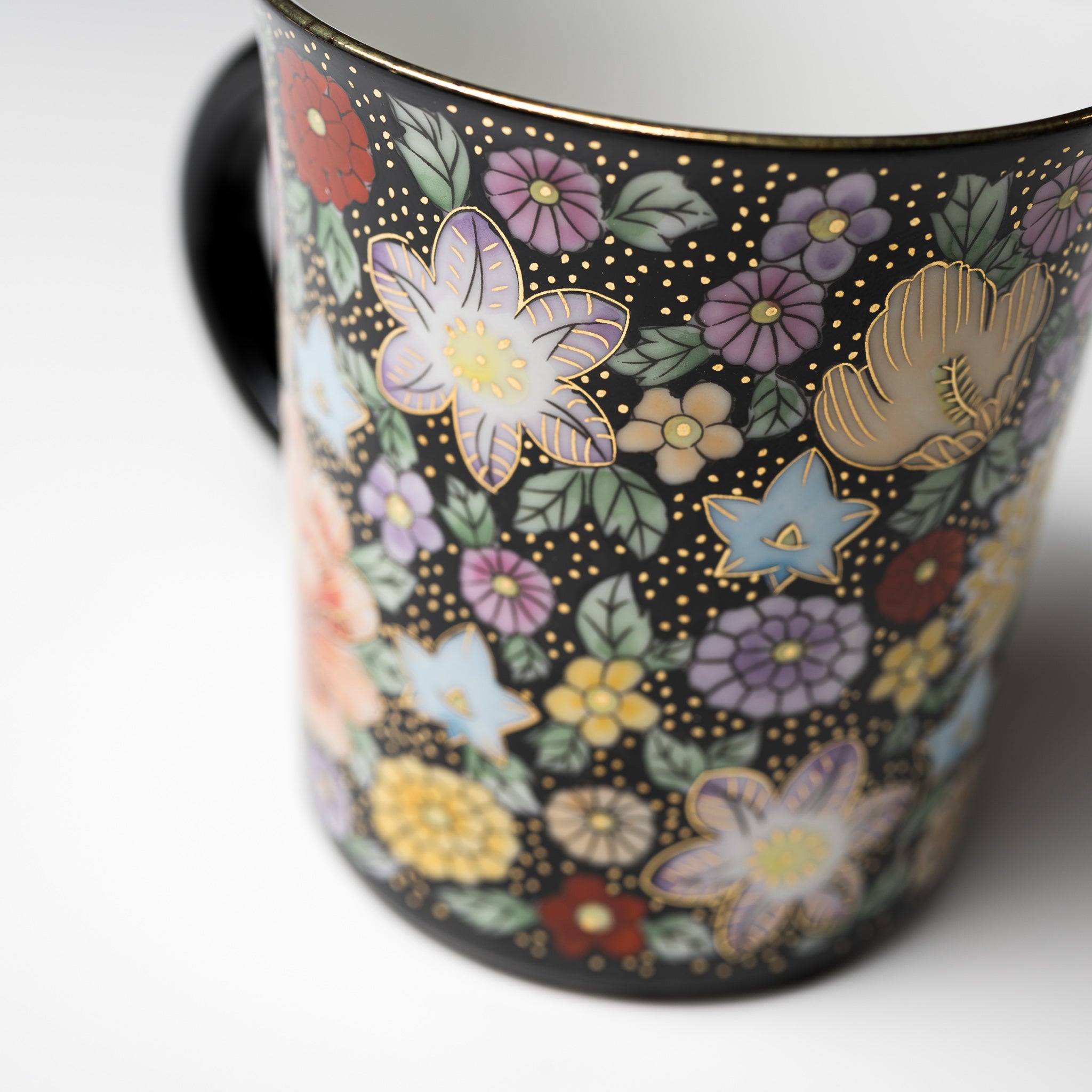 Premium Kutani Ware Japanese Ceramic Mug Cup - Modern Hanazume Floral Design - Handcrafted Traditional Japanese Tea Cup for Home, Office & Gift Giving