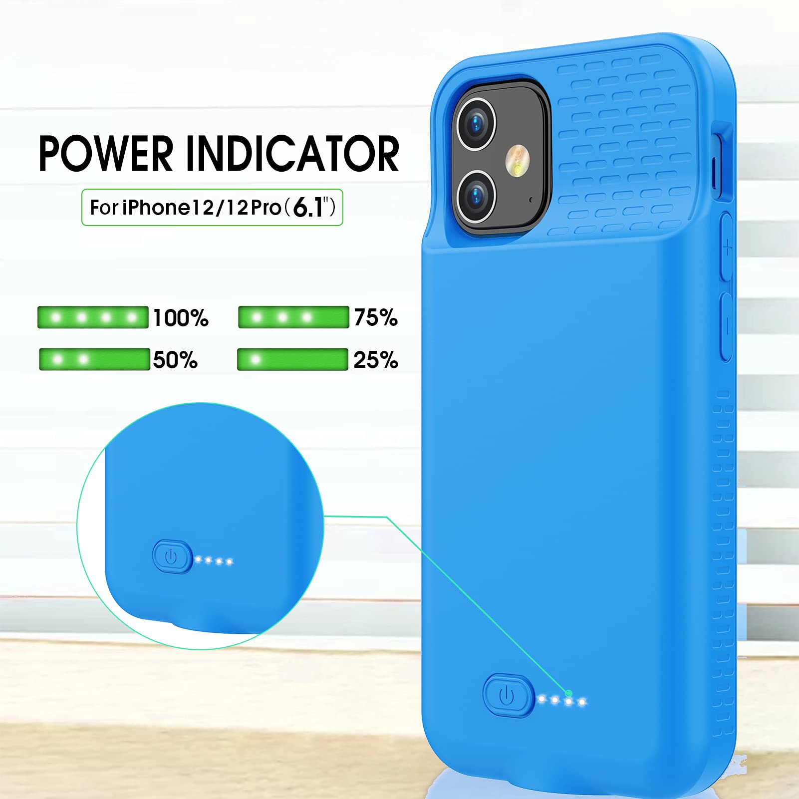 GIN FOXI 7000mAh Ultra-Slim Rechargeable Battery Case for iPhone 12/12 Pro (6.1 inch) - Anti-Fall Protection Extended Charging Cover - Blue | Perfect for Travel, Outdoor Activities & Daily Power Backup