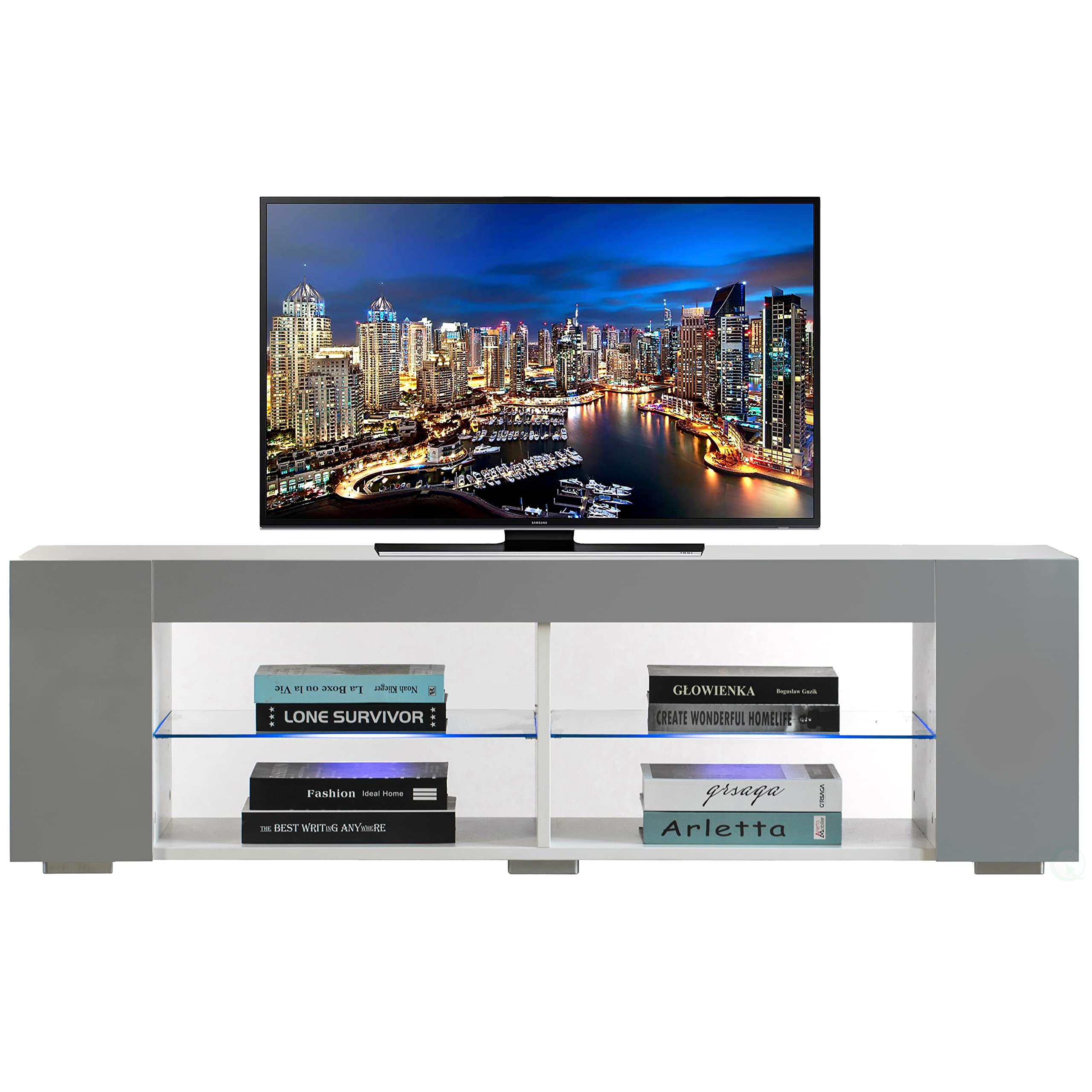 Basicwise White LED TV Stand with Glass Shelves & UV Frame - Modern Entertainment Center for Living Room, Bedroom & Home Theater Setup