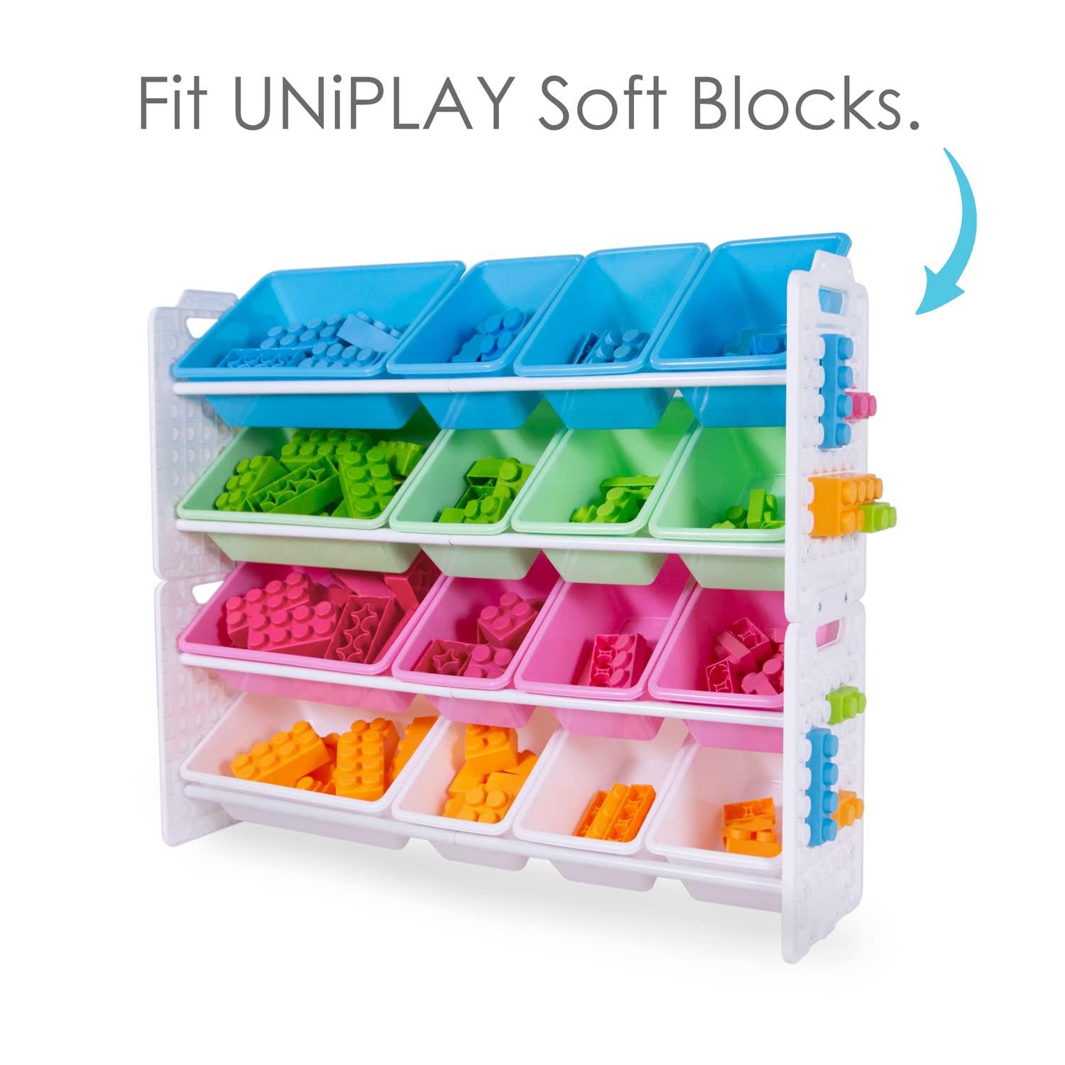 UNiPLAY 16-Bin Toy Storage Organizer with Removable Bins & Baseplate Frame - Kids Books, Building Blocks, School Supplies & Toys Storage Solution (Pink) - Perfect for Playrooms, Classrooms & Home Organization