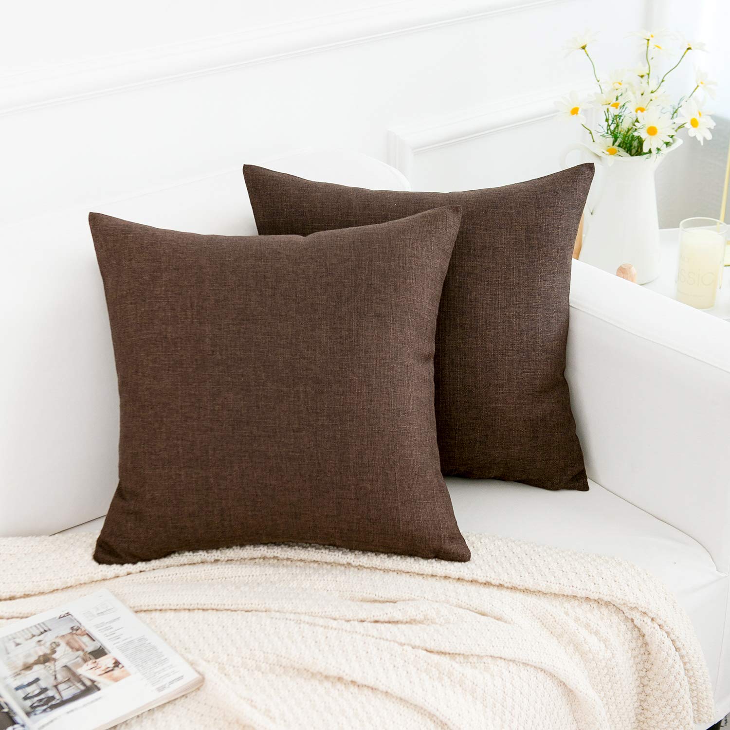 Premium Linen Decorative Throw Pillow Covers 18x18 Inch - Set of 2 Soft Square Dark Brown Cushion Covers for Sofa, Couch, Bed & Chair - Perfect for Living Room, Bedroom & Home Decor