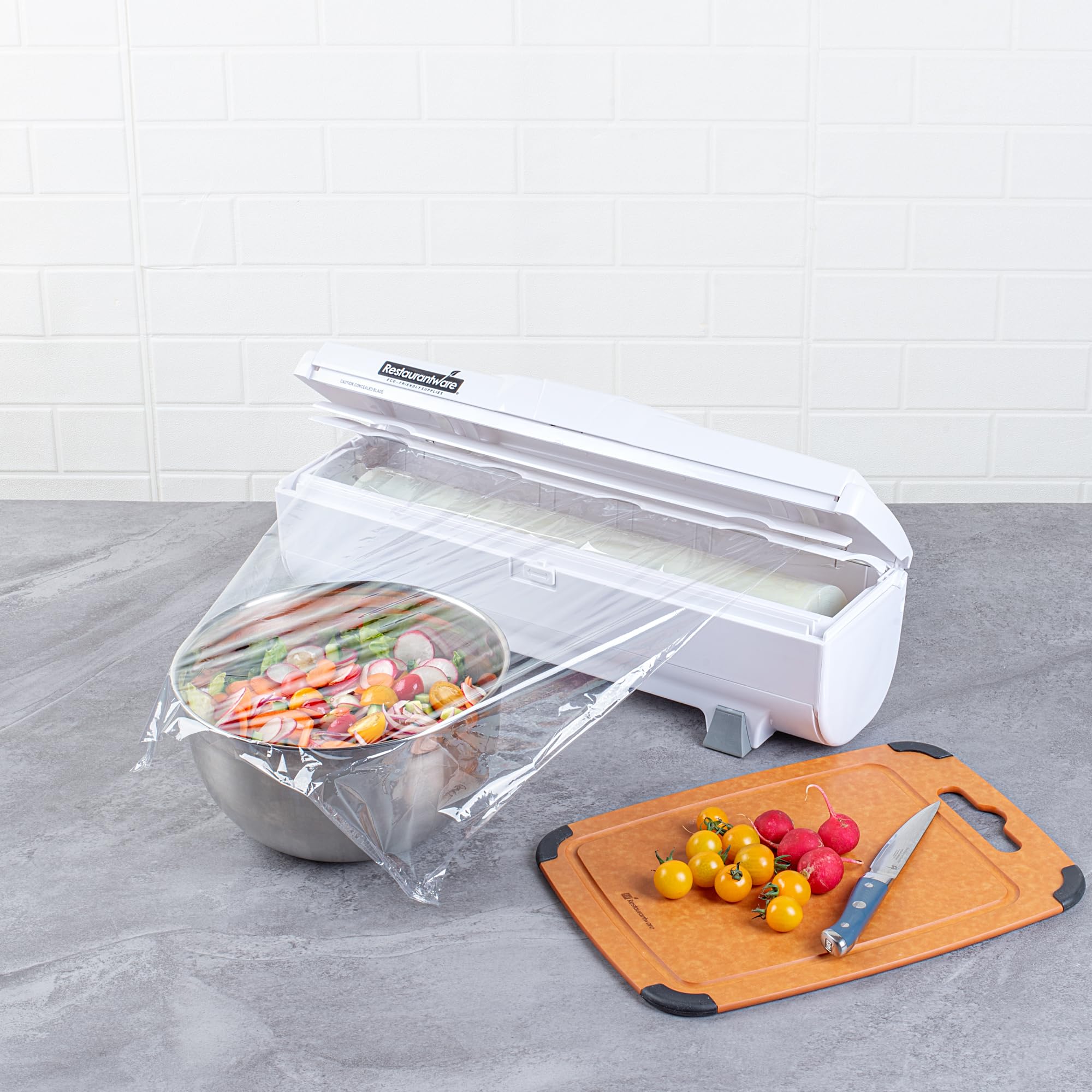 Restaurantware RW Base Food Wrap Dispenser with Cutter - Refillable Cling Wrap & Aluminum Foil Dispenser for 12” to 18” x 2000’ Rolls - Press Down & Cut System with Sharp Blade - White Plastic - Perfect for Restaurants, Catering & Home Kitchen Storage