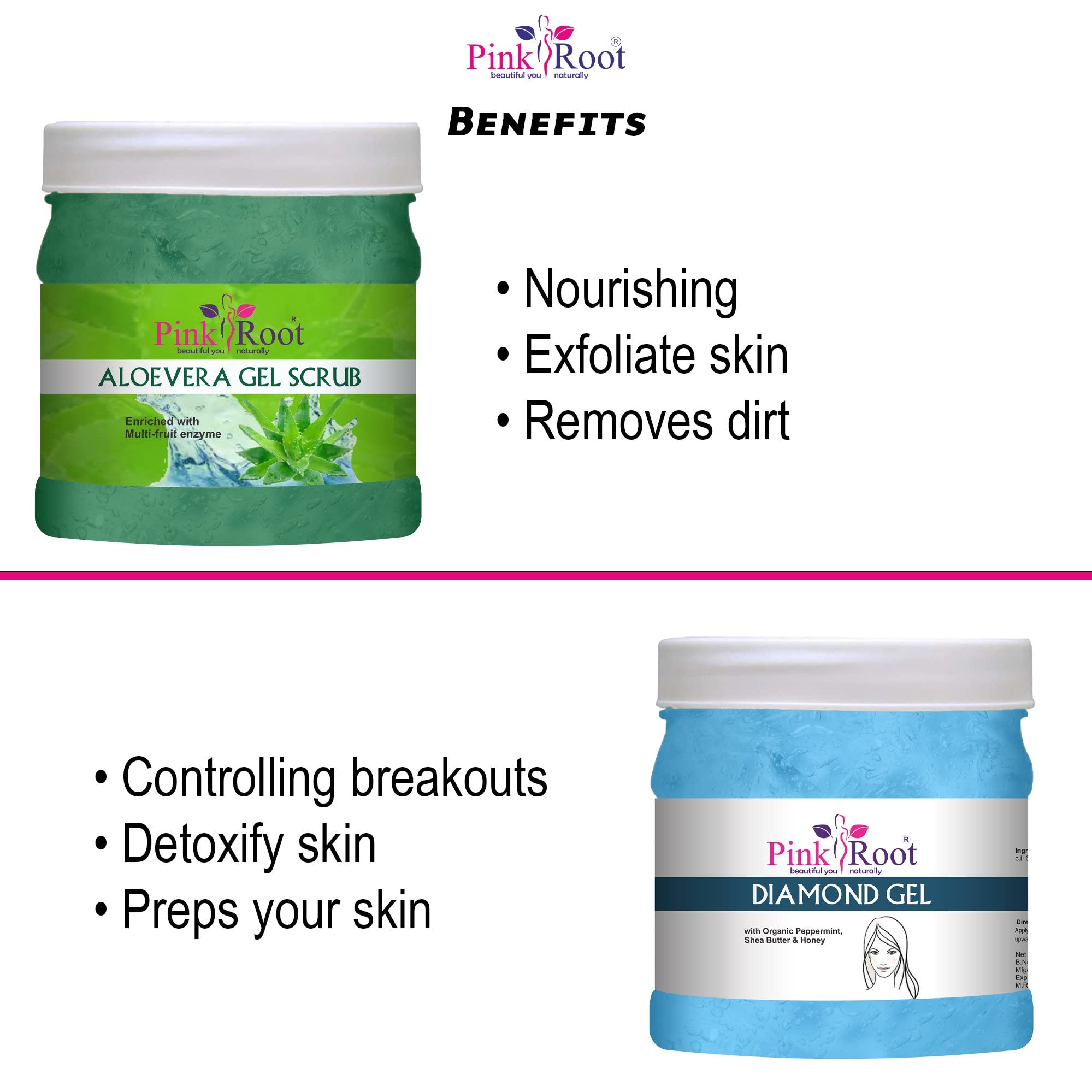 Organic Pink Root Aloe Vera Face & Body Scrub with Diamond Gel - 500gm Each - Natural Exfoliator for Glowing Skin | Perfect for Spa Day, Acne Treatment & Daily Skincare Routine
