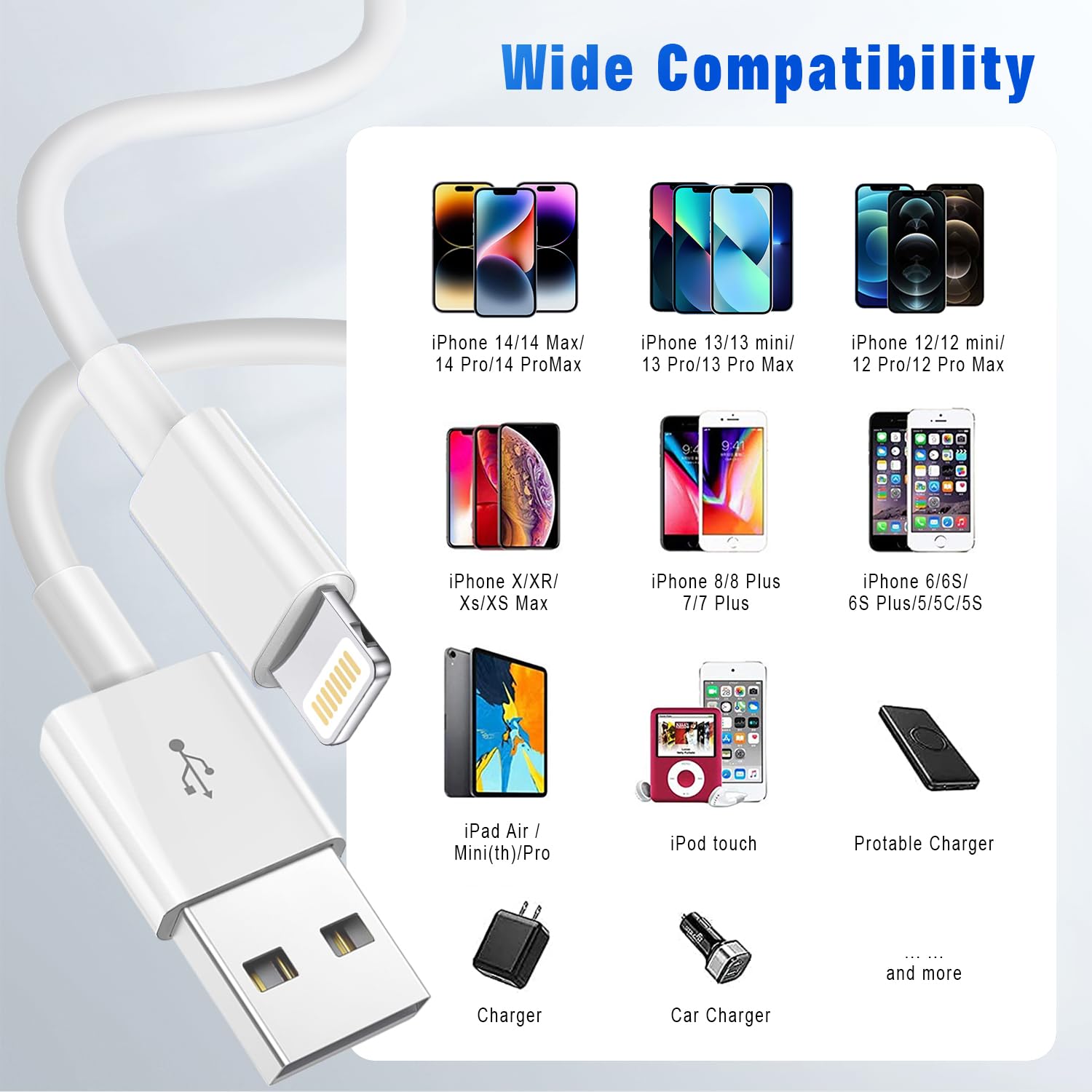 3.3FT USB A to Lightning Fast Charging Cable for iPhone 14/13/12/11/XS/XR/X/8/7/6 & iPad - CarPlay Compatible, Durable Car Charger Cord - Perfect for Road Trips & Daily Commutes