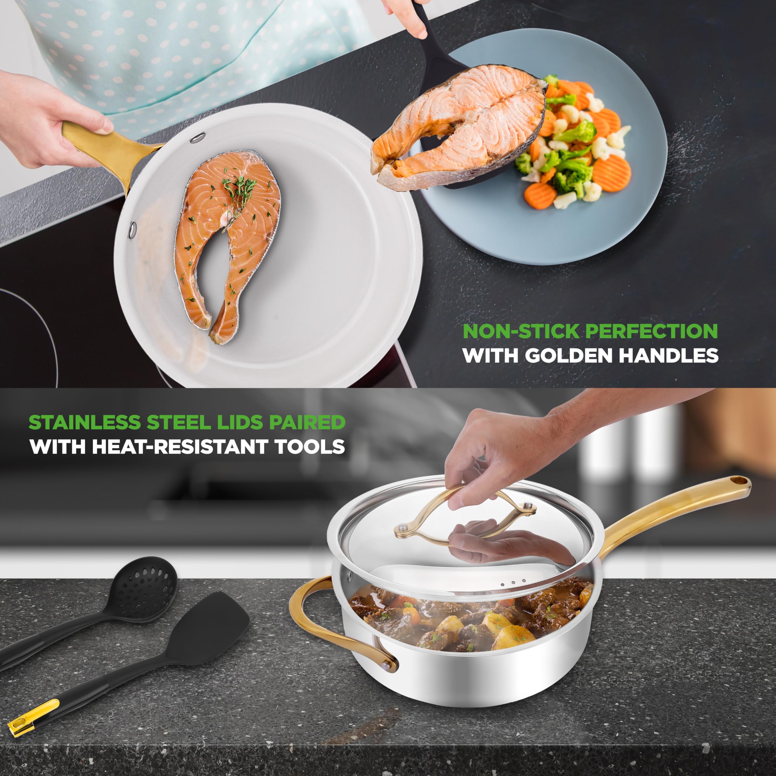 NutriChef 16-Piece Stainless Steel Cookware Set with Non-Stick Ceramic Coated Fry Pan & Nylon Utensils - Premium Kitchen Pots & Pans for Healthy Cooking | Perfect for Home Chefs, Family Meals & Professional Kitchens