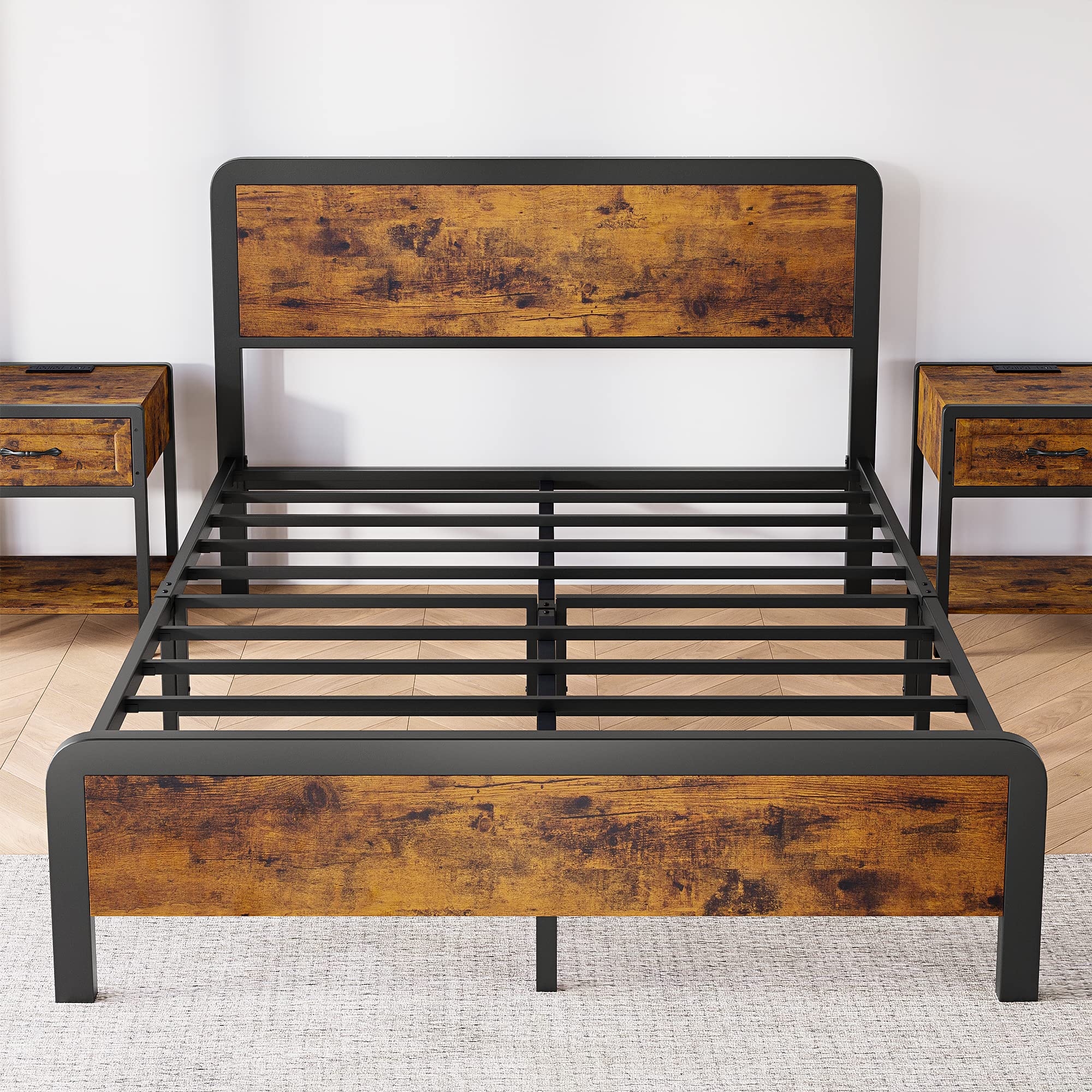 Queen Size Bed Frame with 2 Nightstands - Sturdy Platform Bed with Rounded Corners & Built-in USB Charging Stations - Complete Bedroom Furniture Set for Master Bedroom, Guest Room or Apartment