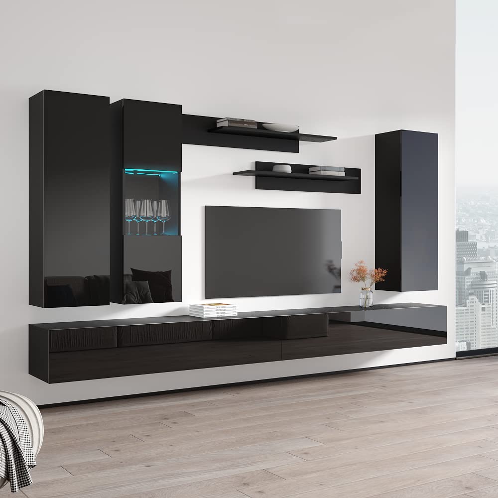 Modern Floating TV Stand with Storage & LED Lights - Wall-Mounted Entertainment Center for Bedroom & Living Room - Black TV Console with Shelves - Perfect for Small Spaces & Home Theater Setup