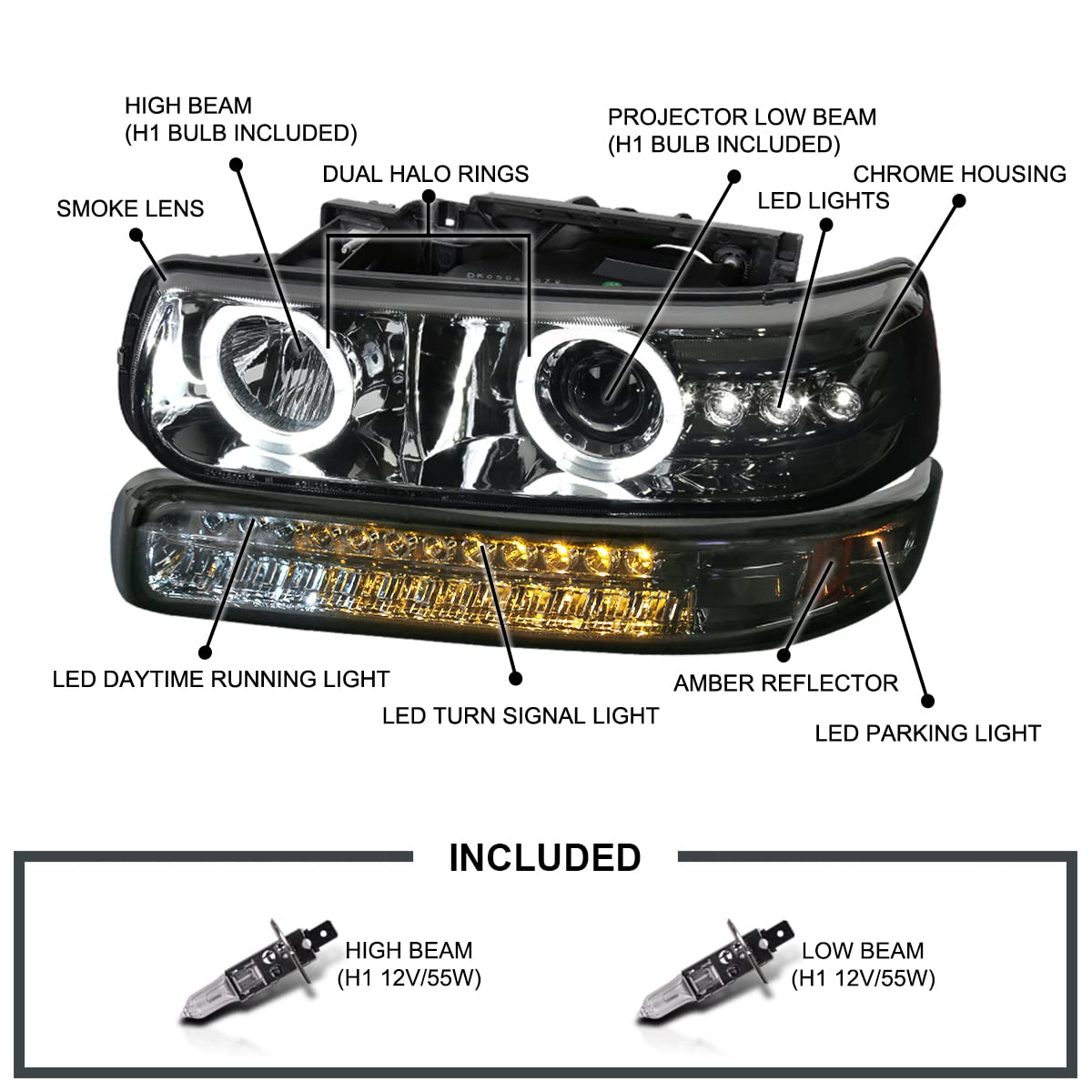 Spec-D Tuning Smoke Halo LED Projector Headlights with Smoke LED Bumper Lights - Compatible with 1992-2002 Chevy Silverado, Tahoe, Suburban - Left & Right Pair Headlamp Assembly - Upgrade Your Truck's Style & Night Visibility