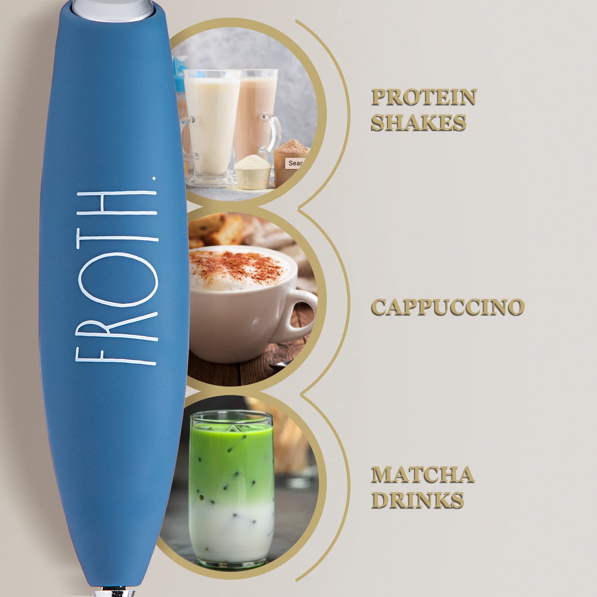 Rae Dunn Electric Milk Frother - Handheld Drink Mixer & Coffee Frother for Latte, Cappuccino, Hot Chocolate | Battery Operated Milk Foamer & Frappe Maker | Perfect for Home, Office & Coffee Shops (Navy Blue)