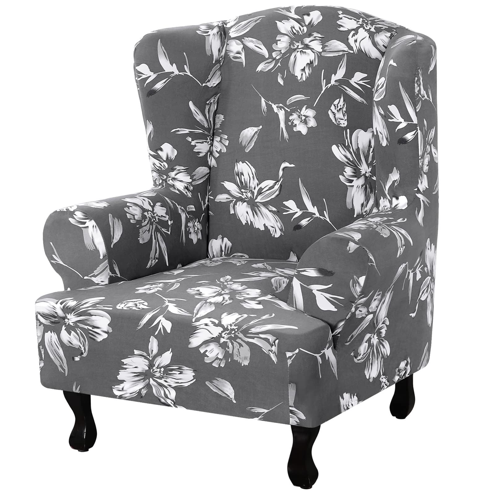 Floral Printed Wingback Chair Slipcover - 1-Piece Super Stretch Modern Style Wing Chair Cover with Elastic Bottom (Grey) - Perfect for Living Room, Bedroom, or Office Furniture Protection & Style Upgrade