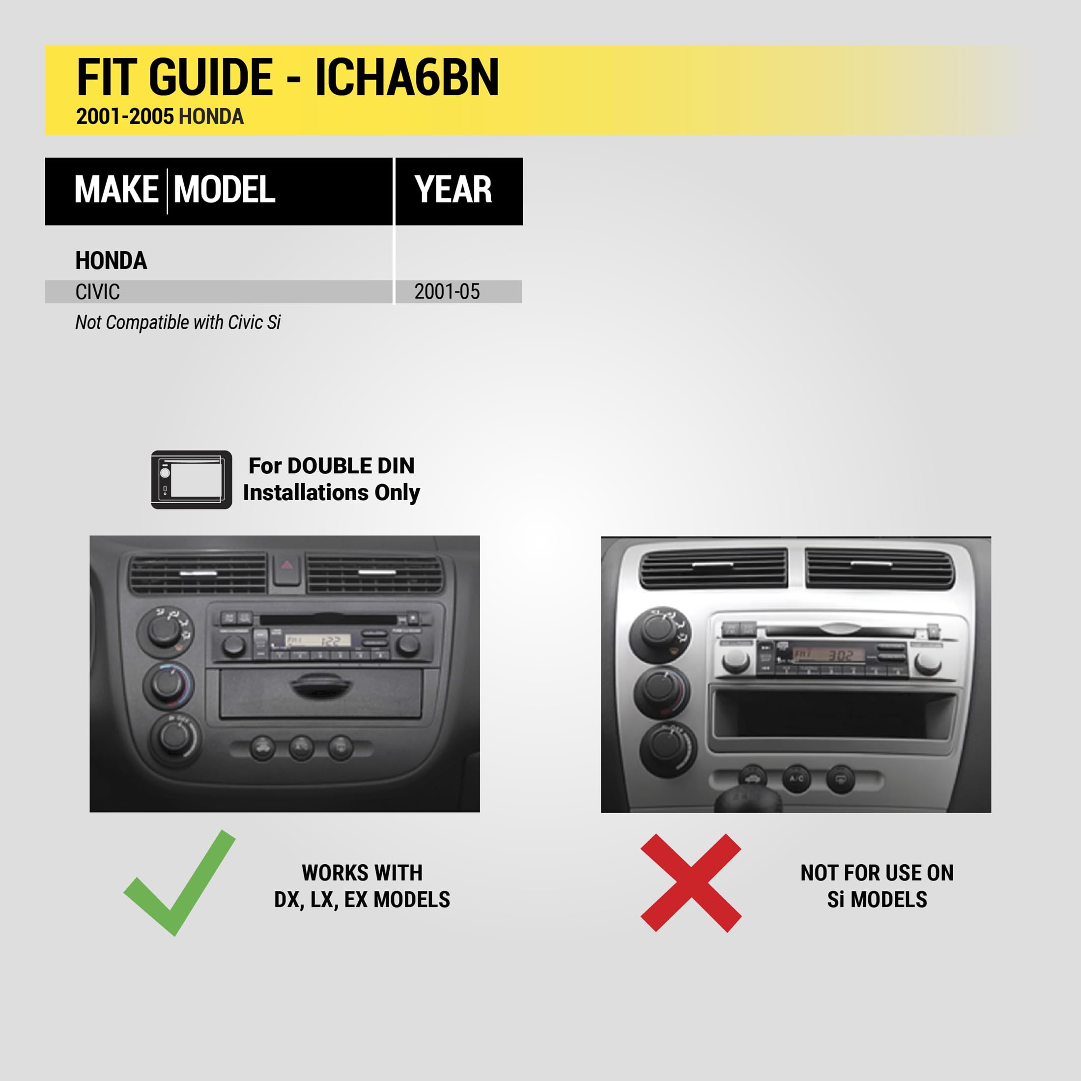 Scosche ICHA6BN Double DIN Radio Dash Kit for 2001-2005 Honda Civic | Car Stereo Installation Kit with Factory Brackets | Perfect for Upgrading Your Car Audio System