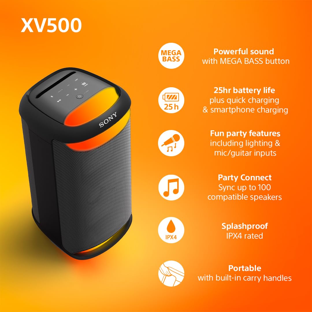 Sony SRS-XV500 Wireless Bluetooth Party Speaker with Powerful Sound, MEGA BASS, 25-Hour Battery - Portable Karaoke Speaker with LED Lights, IPX4 Waterproof, Mic/Guitar Inputs - Perfect for Outdoor Parties, Beach Trips & Home Entertainment (Black)