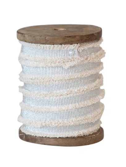 Premium Cotton Ribbon with Metallic Thread & Fringe on Wood Spool - Perfect for Gift Wrapping, DIY Crafts, and Home Decor