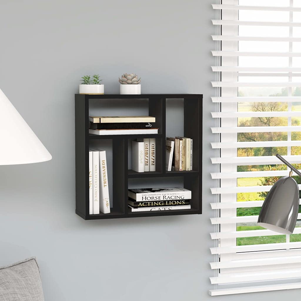 5-Tier Floating Wall Shelf - Black Wooden Cube Storage Display Shelf for Living Room, Bedroom & Office - Wall Mounted Organizer for Books, Decor & More