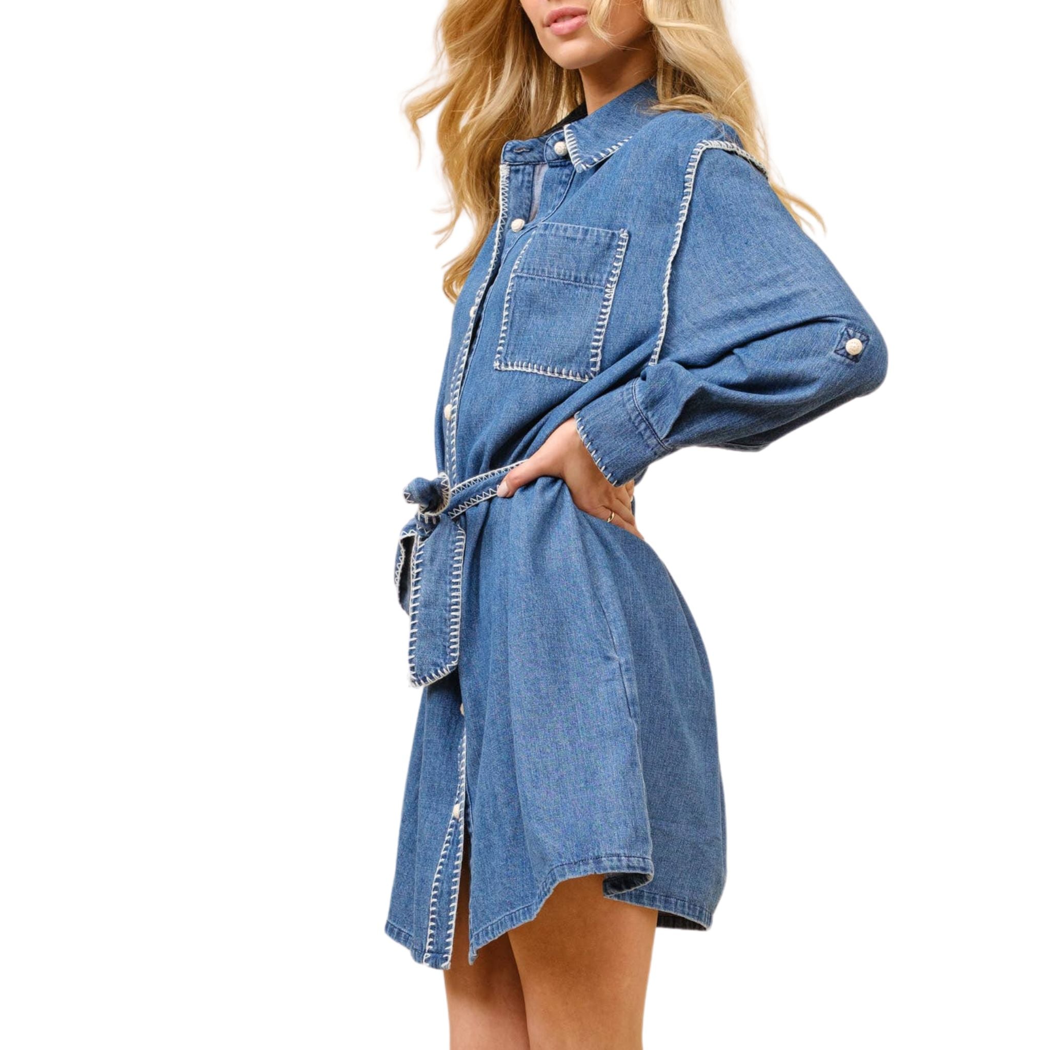 Blanket Stitch Button Up Denim Shirt Dress for Women - Casual & Stylish Outfit for Spring, Fall, and Layering