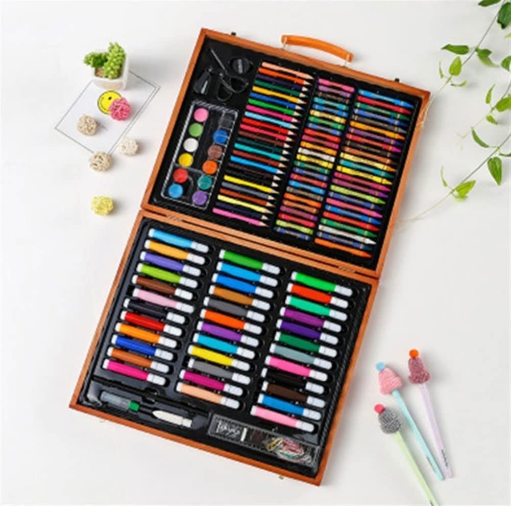 150-Piece Deluxe Art Set with Portable Wooden Case - Includes Crayons, Oil Pastels, Colored Pencils, Acrylic Paints & Watercolor Cakes - Perfect for Artists, Students & DIY Craft Projects