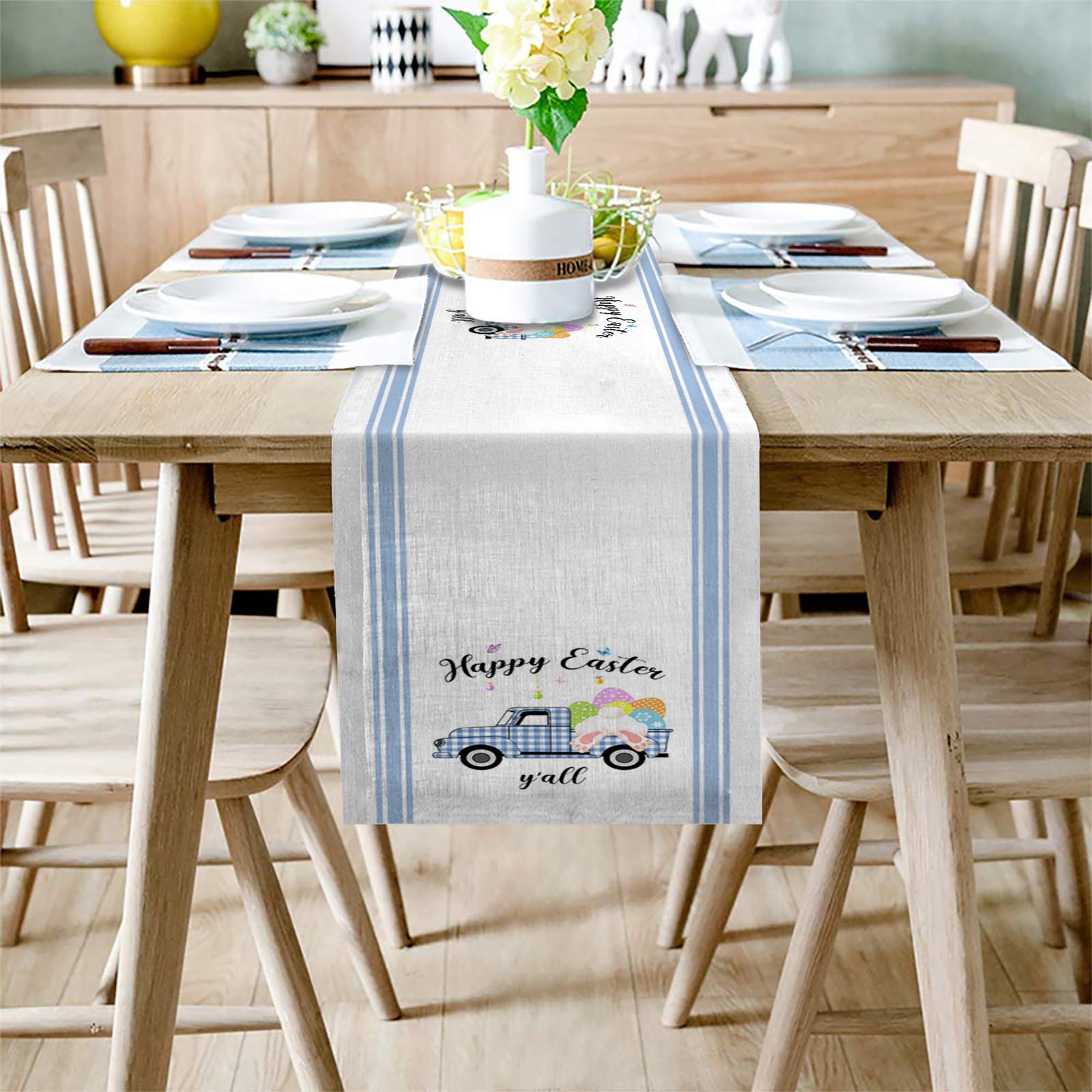 Easter Cotton Linen Table Runner - Blue Stripe Buffalo Check Farmhouse Kitchen Decor (13x120 Inch) | Holiday Dinner Table Scarf for Dining Room Decorations, Easter Bunny & Egg Themed Home Accents | Perfect for Spring Celebrations, Buffet Tables & Farmhouse Style Dining