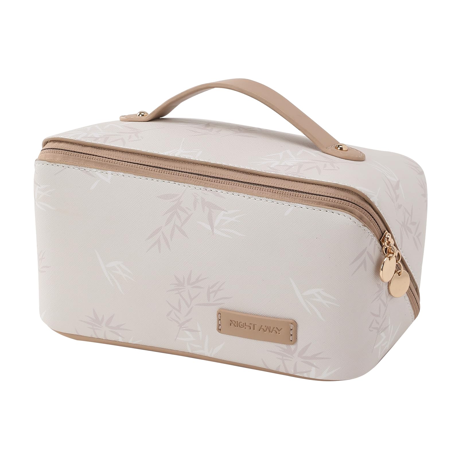 RIGHT AWAY Travel Makeup Bag - Large Capacity Cosmetic Organizer for Women | Waterproof PU Leather Makeup Case with Clear Divider & Handle | Perfect for Travel, Gym & Daily Use (White)