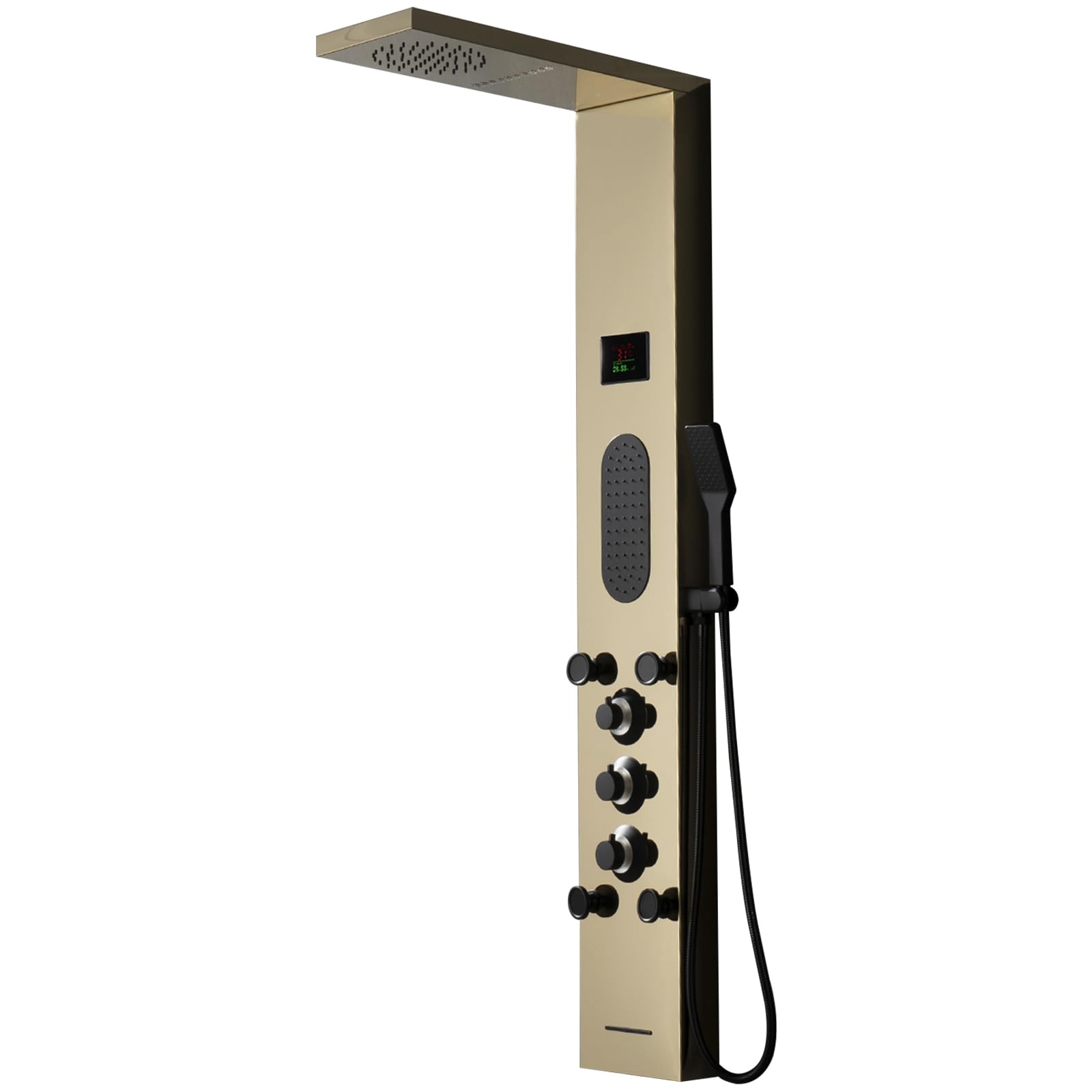 Gold Shower Tower System - Large Area Body Jet Massage Panel with Adjustable Jets, Temperature Display, Hand Shower & Tub Spout - Polished Gold Finish for Luxurious Bathroom Spa Experience (Ideal for Master Bath, Hotel Suites & Relaxation Therapy)