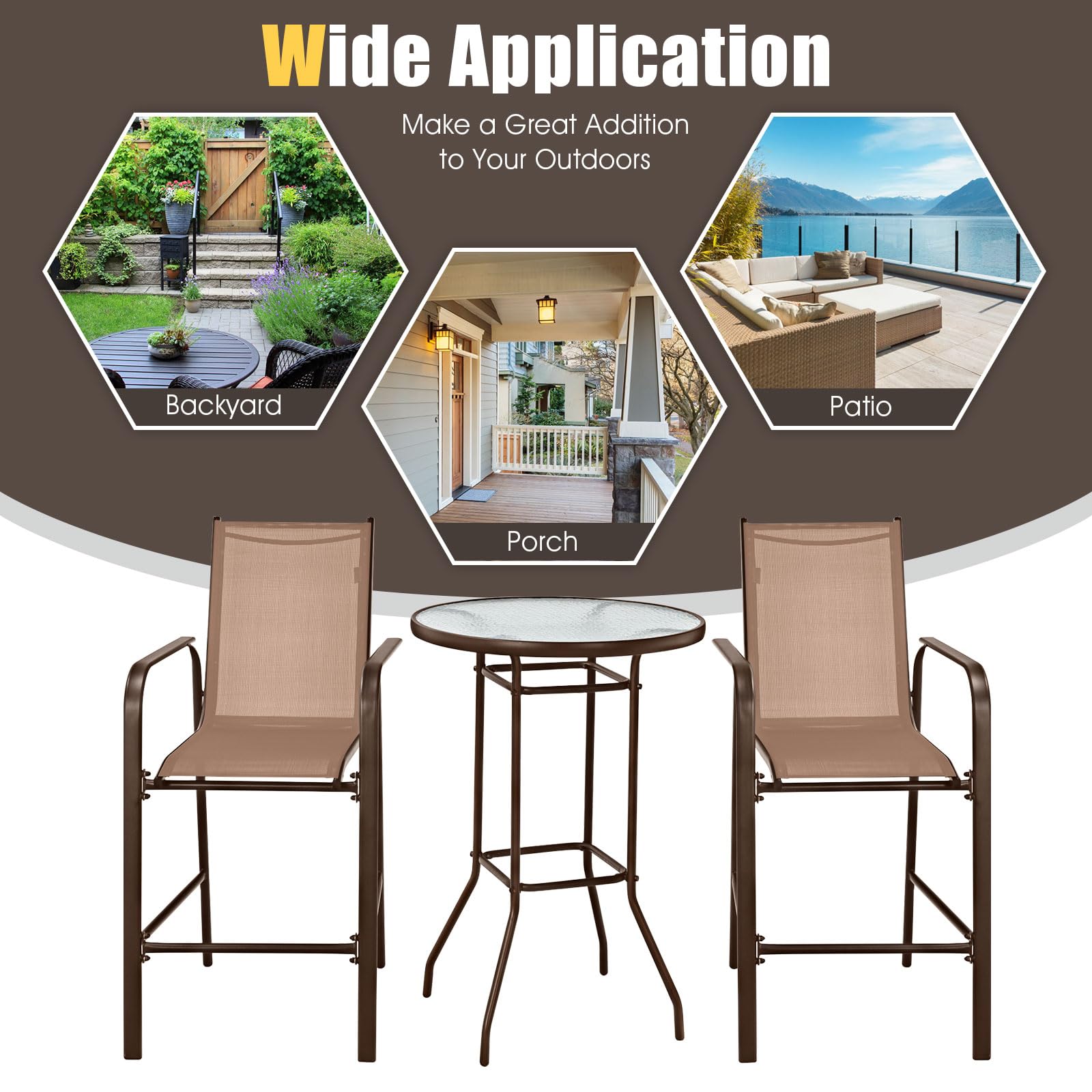 Tangkula 3-Piece Outdoor Patio Bar Set - 2 Bar Stools & 1 Tempered Glass Table, Bistro Height for Backyard, Garden, Balcony - Perfect for Coffee, Dining & Outdoor Relaxation