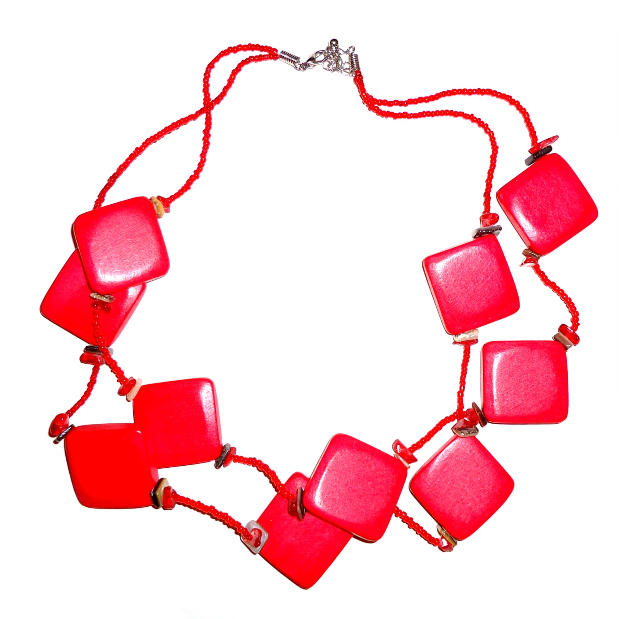 Square Wood Bead Necklace for Women - Natural Red Wooden Pendant Statement Jewelry - Perfect for Boho, Festival, and Everyday Wear