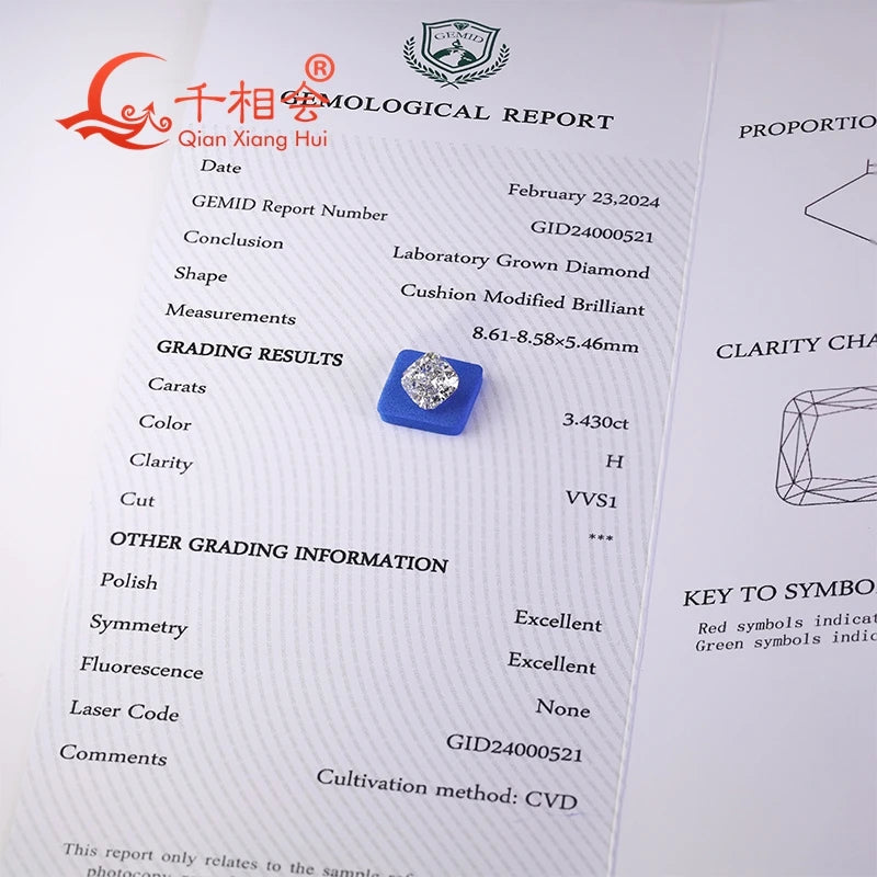 1CT CVD Lab Grown Diamond - H Color VS1 Clarity Cushion Cut Loose Stone | GEMID Certified | Perfect for Engagement Rings & Fine Jewelry