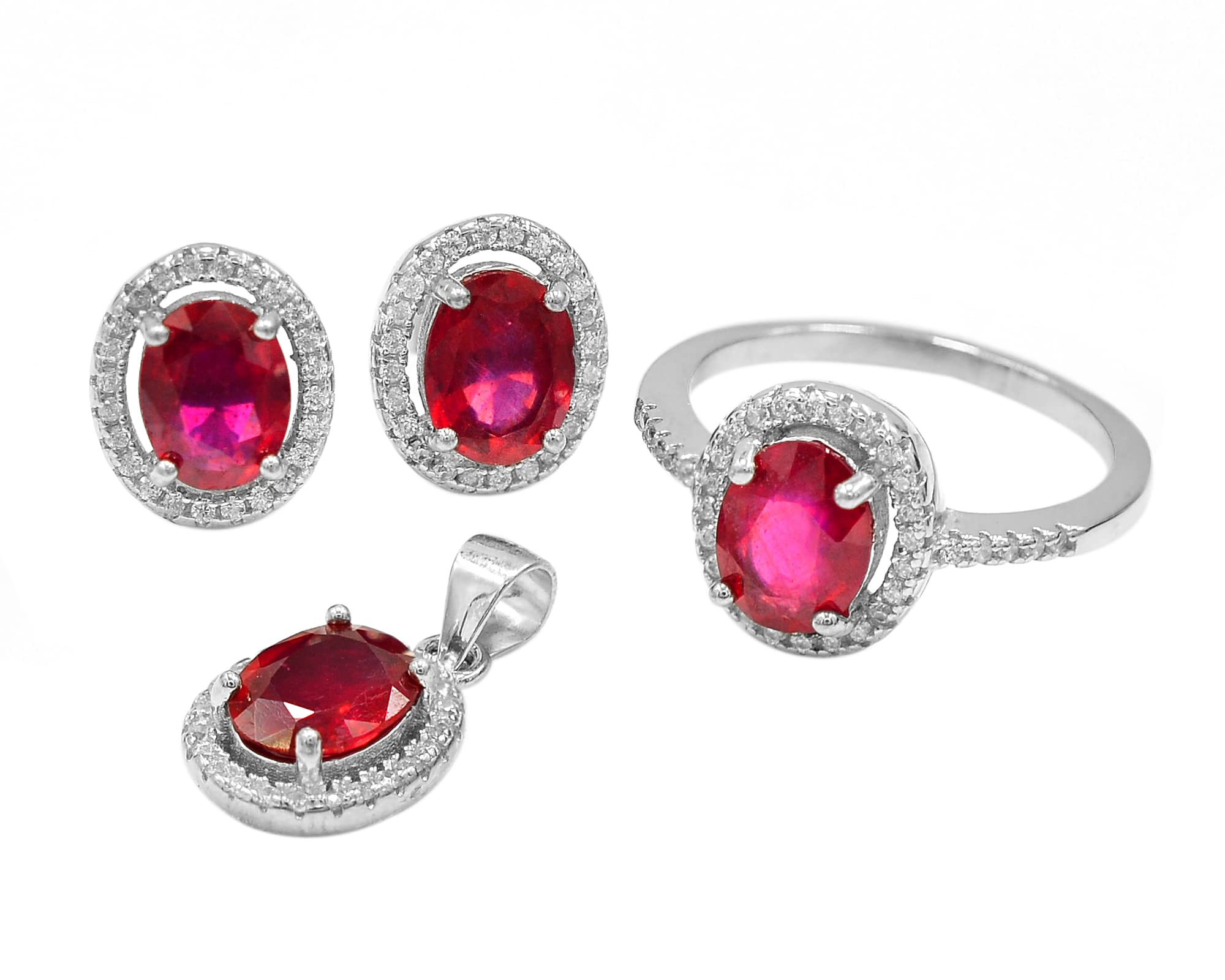 8X6 MM Oval Cut Natural Red Ruby Gemstone Ring, Earring & Pendant Set - 925 Sterling Silver Jewelry for Women, July Birthstone, Engagement & Anniversary Gift for Girlfriend, Wife - Perfect for Weddings, Parties & Special Occasions