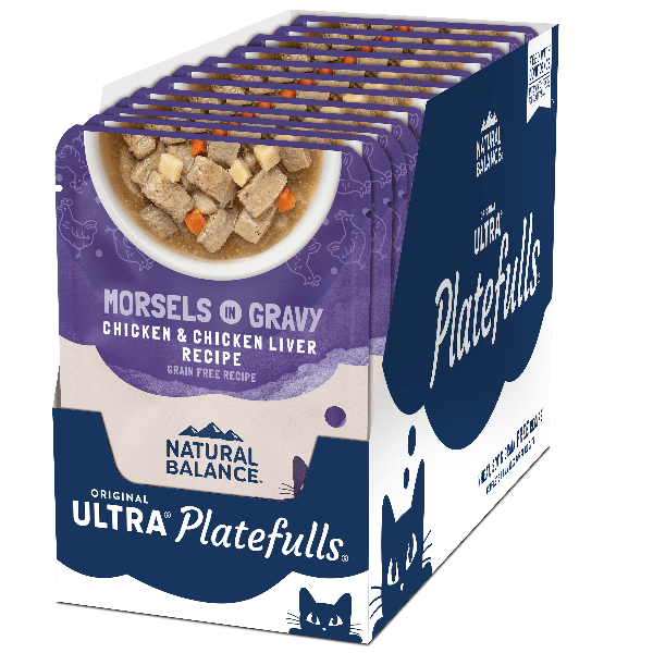 Natural Balance Platefulls Chicken & Chicken Liver Recipe Morsels in Gravy - Grain-Free Wet Cat Food Pouches for Adult Cats - Perfect for Mealtime, Travel & Treat Rewards