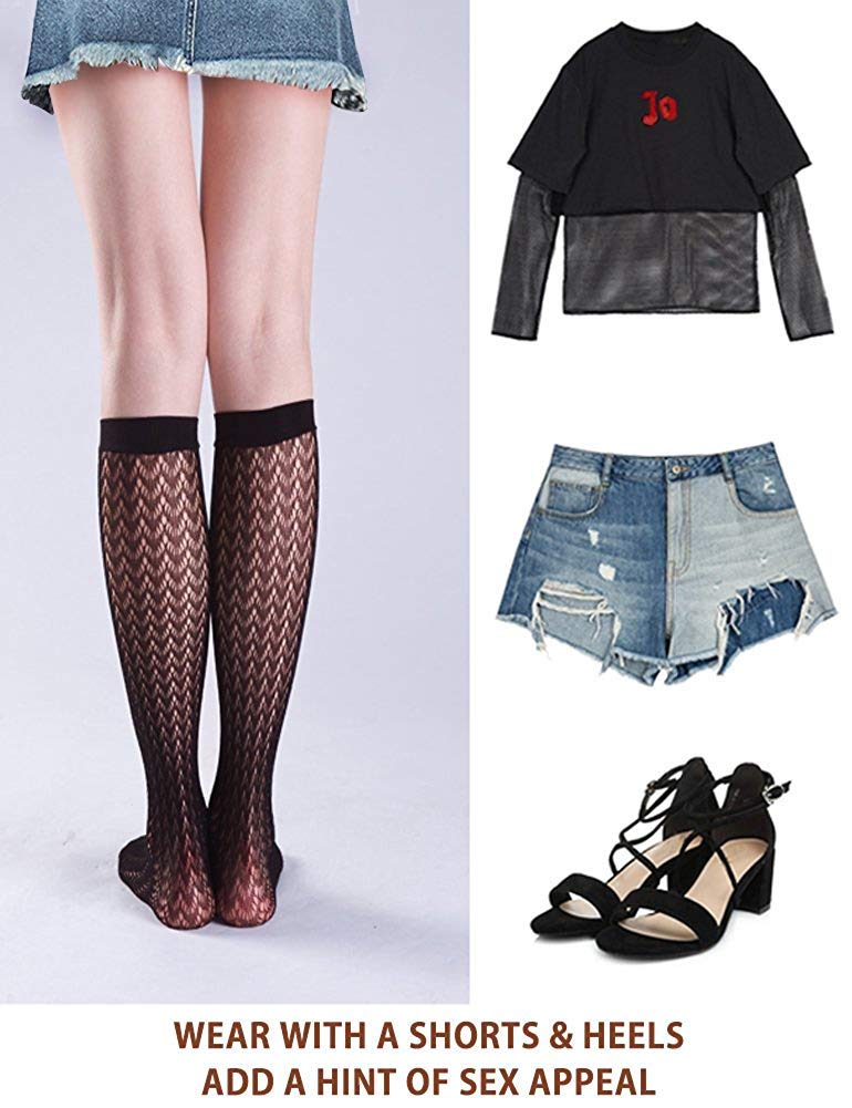 ANDIBEIQI 6 Pairs Women's Stay Up Knee High Patterned Trouser Socks - Fishnet Stockings Black One Size - Fashionable Hosiery for Office, Party & Everyday Wear