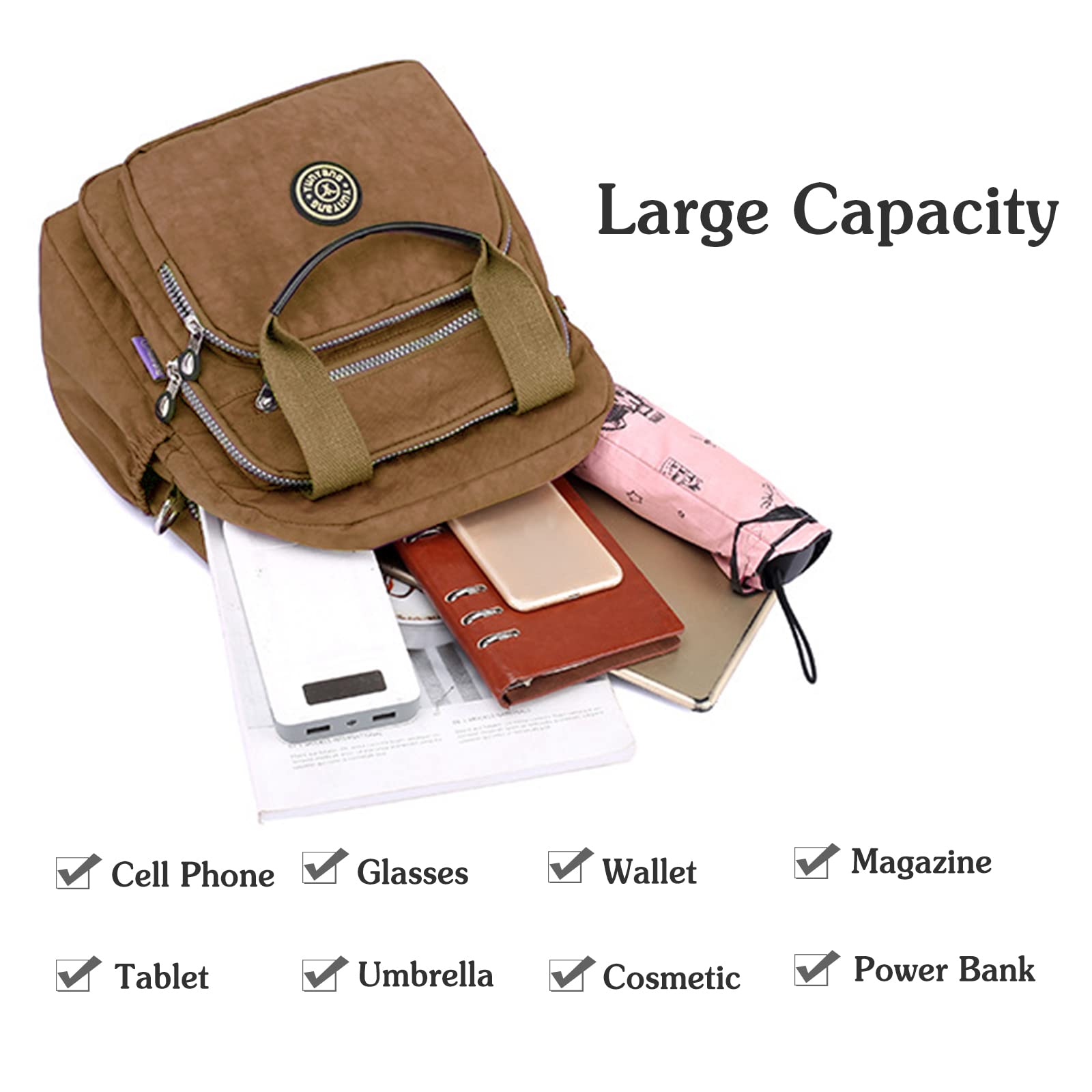 PORRASSO Women's Casual Backpack & Crossbody Shoulder Bag - Lightweight Nylon Daypack for Work, Travel & Daily Use (Khaki) | Perfect for Office Commute, College Campus & Weekend Adventures