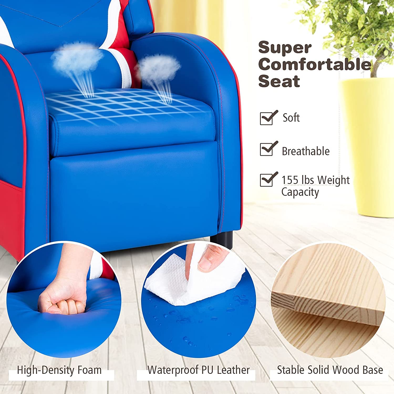 Moccha Kids Recliner Chair with Side Pockets - Adjustable Toddler Sofa with Footrest, Ergonomic Children's Furniture for Boys and Girls Room (Blue) - Perfect for Reading, Gaming, and Relaxing in Bedroom or Playroom