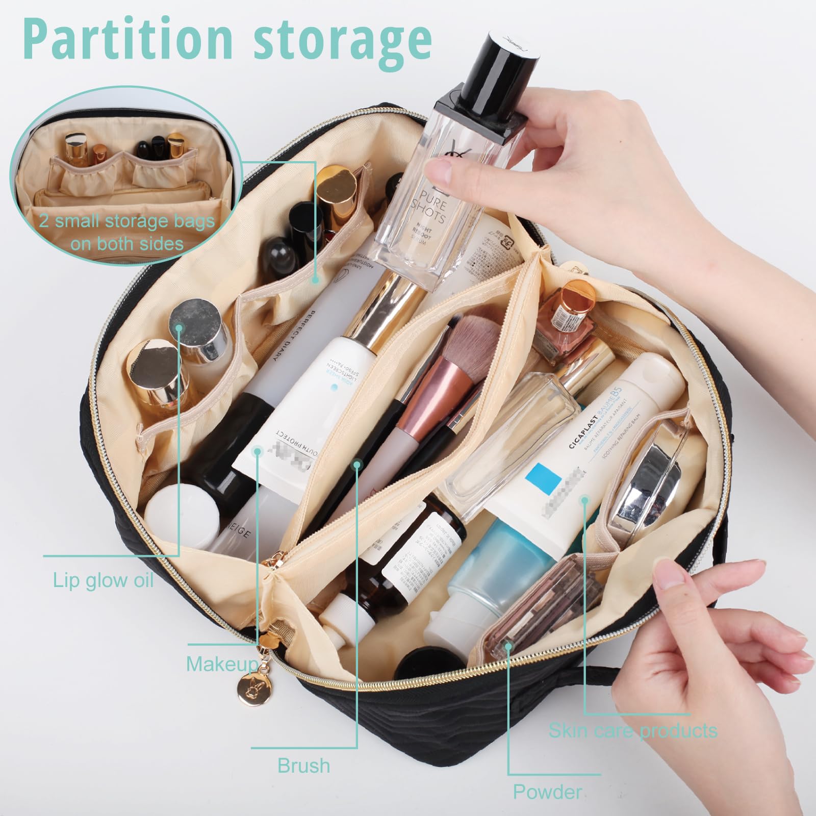Large Water-Resistant Makeup Bag for Women - Travel Cosmetic Organizer with Portable Pouch, Handle & Dividers (Black) | Perfect for Vacation, Gym & Daily Essentials Storage