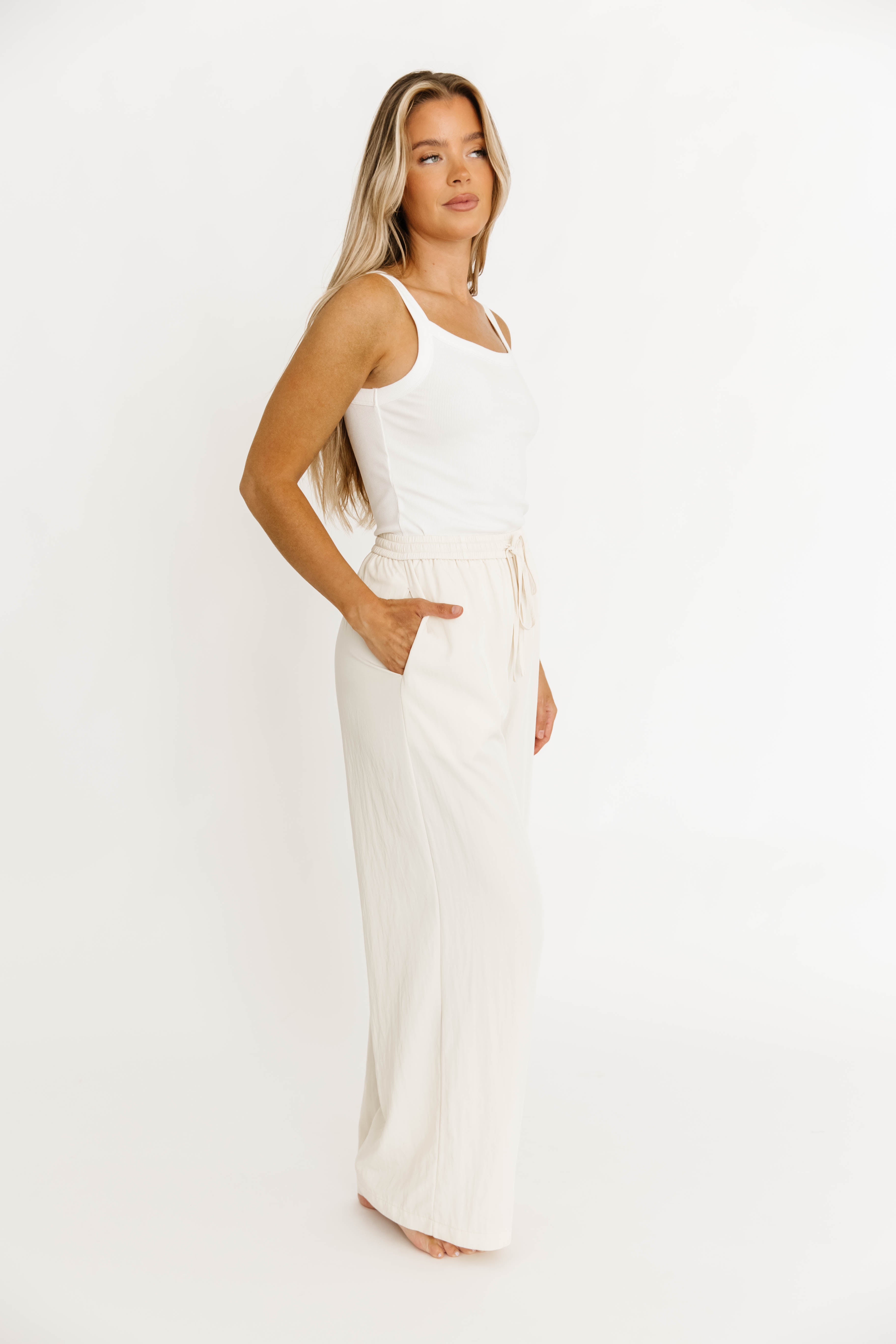 Jill Drawstring Wide Leg Pants for Women - Ivory Linen Casual Lounge Pants with Elastic Waist | Perfect for Yoga, Travel & Relaxing at Home