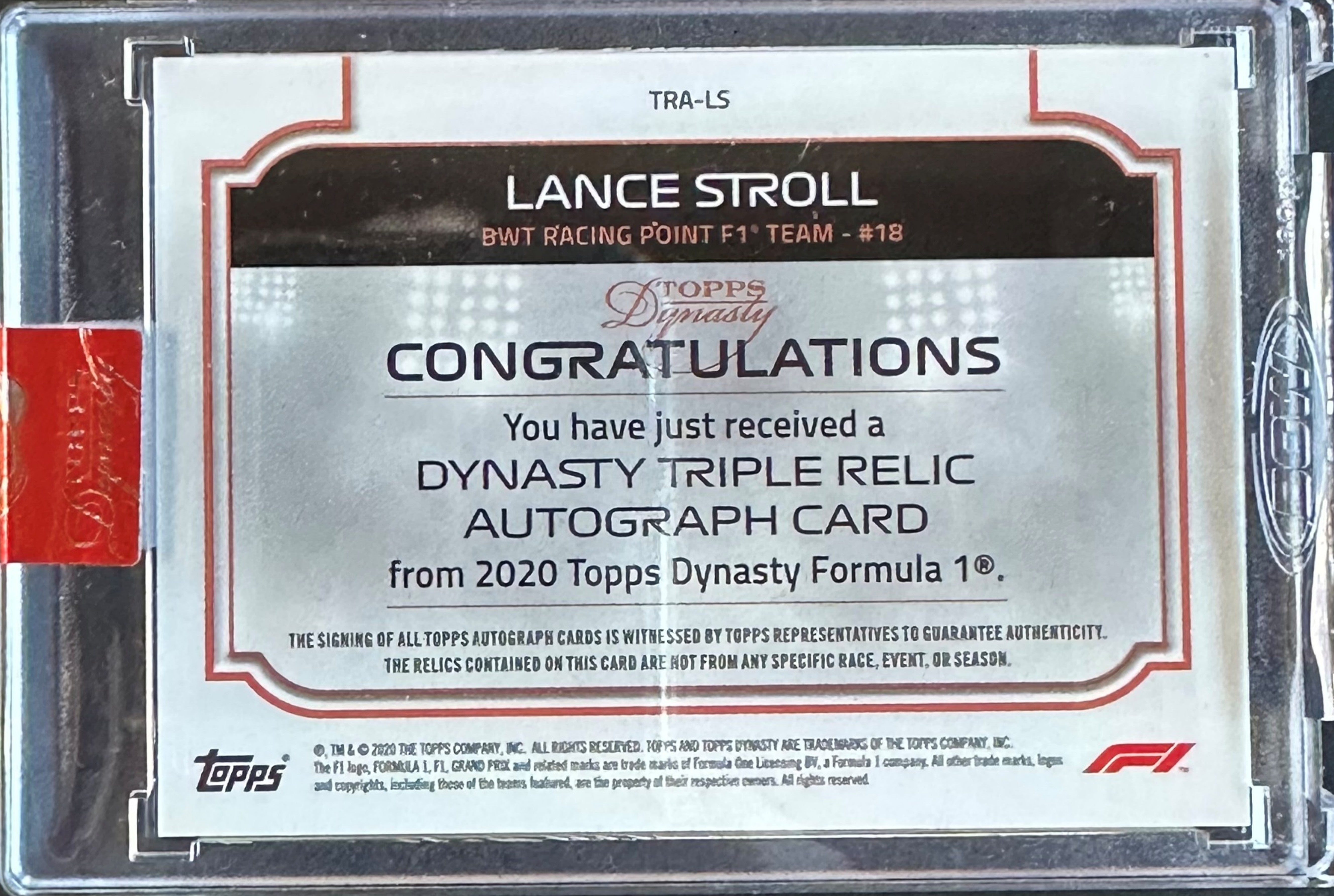 2020 Topps Dynasty F1 Triple Relic Autograph Lance Stroll #TRA LS - Collectible Racing Memorabilia for F1 Fans & Sports Card Enthusiasts - Perfect for Display, Trading, and Investment