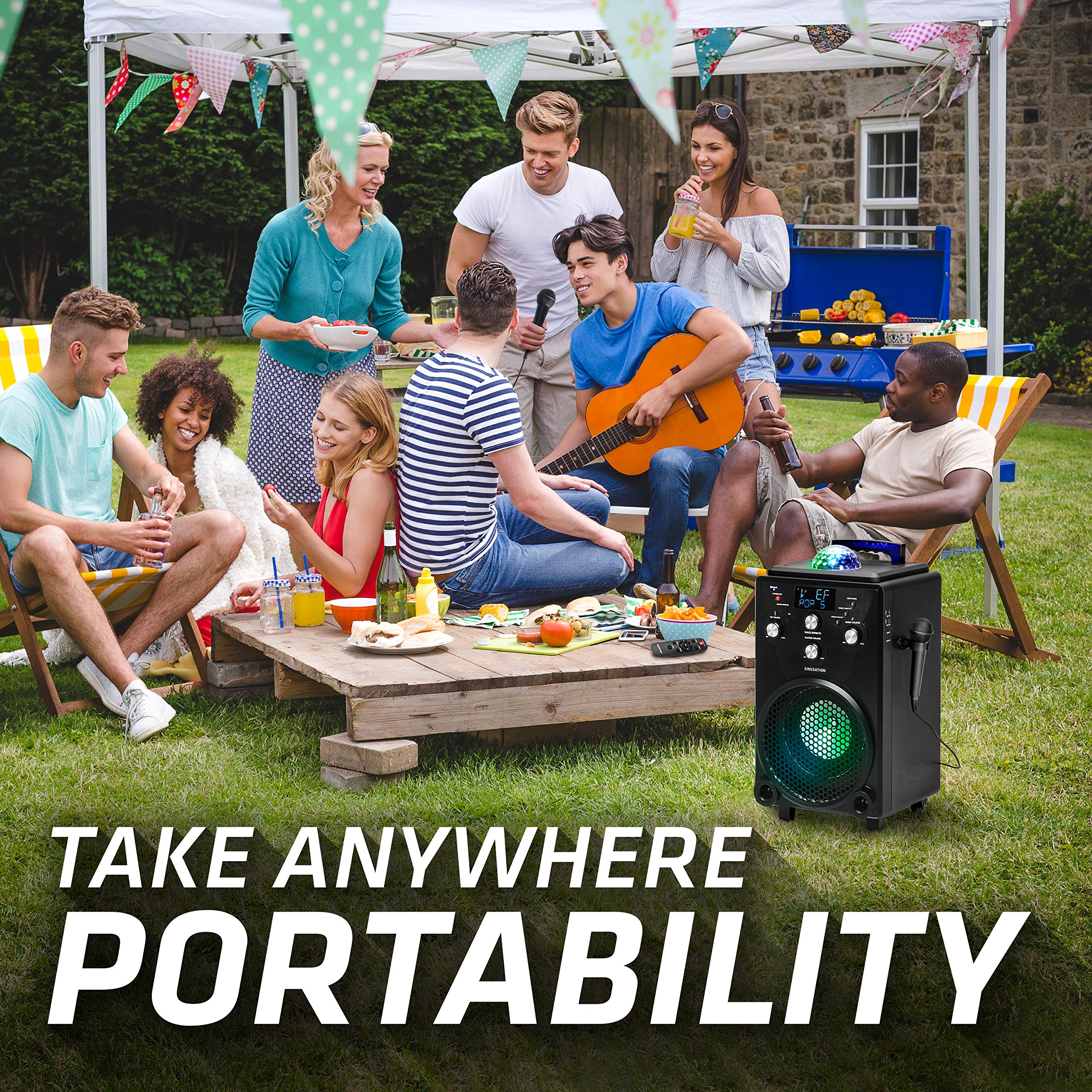 Singsation Professional Karaoke Machine - Portable Bluetooth Karaoke System with 60 Voice Effects, 10 Sound Modes, 25 LED Light Show, 2 Wireless Mics (Black) - Perfect for Home Parties, Family Gatherings & Professional Performances