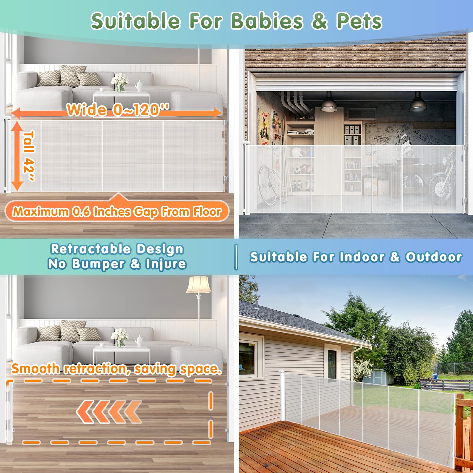 42'' Extra Tall & 120'' Wide Retractable Baby Gate - Upgraded Mesh Safety Barrier for Stairs, Doorways, Decks - Indoor/Outdoor Use for Babies, Pets & Toddlers - Perfect for Home, Nursery, and Play Areas