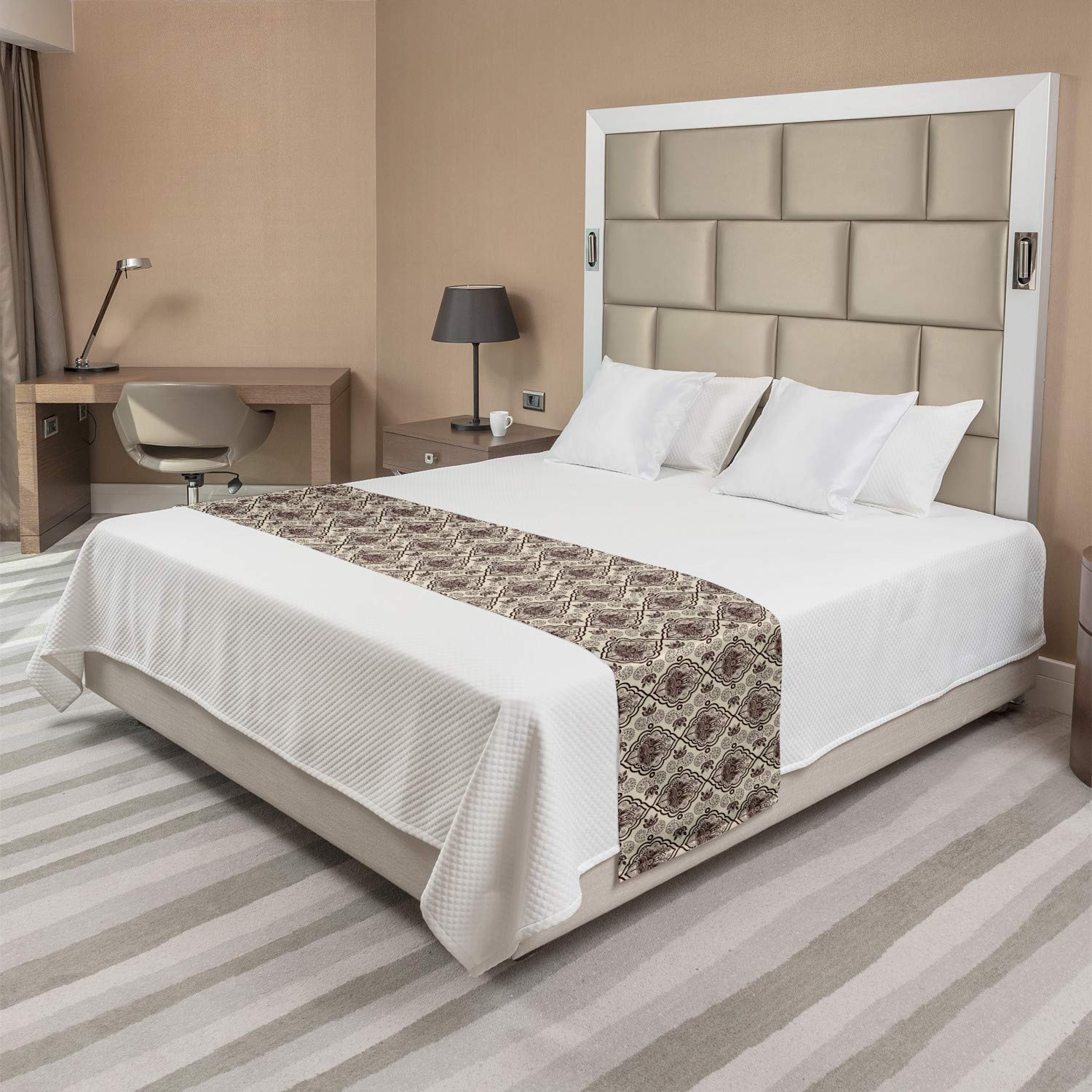 Ambesonne Damask Bed Runner - Abstract Flourish Curvy Frames & Swirly Motifs Exotic Lotus Design - Decorative Accent Bedding Scarf for Hotels, Homes & Guest Rooms in Chestnut Brown & Beige - Perfect for Master Bedrooms, Luxury Hotels & Wedding Decor