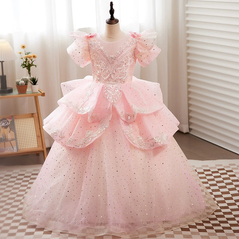 Pink Princess Round Floor Length Tulle Flower Girl Dress for Weddings, Birthday Parties & Special Occasions