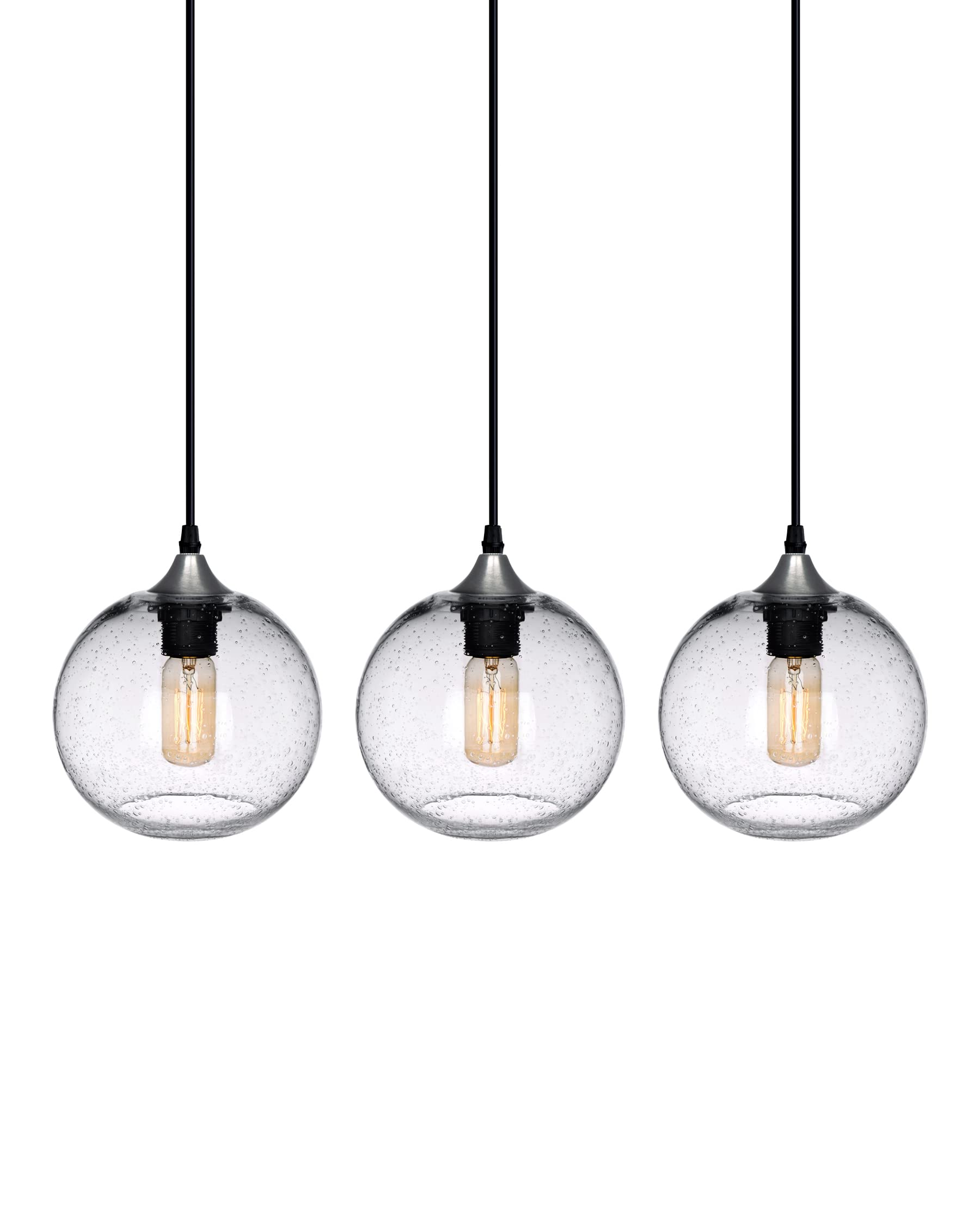 ARIAMOTION 3-Pack Modern Farmhouse Pendant Lights - Hand Blown Glass with Seeded Bubbles, Brushed Nickel Finish, 7.4 Inch Diameter - Perfect for Kitchen Island, Dining Room, and Entryway Lighting